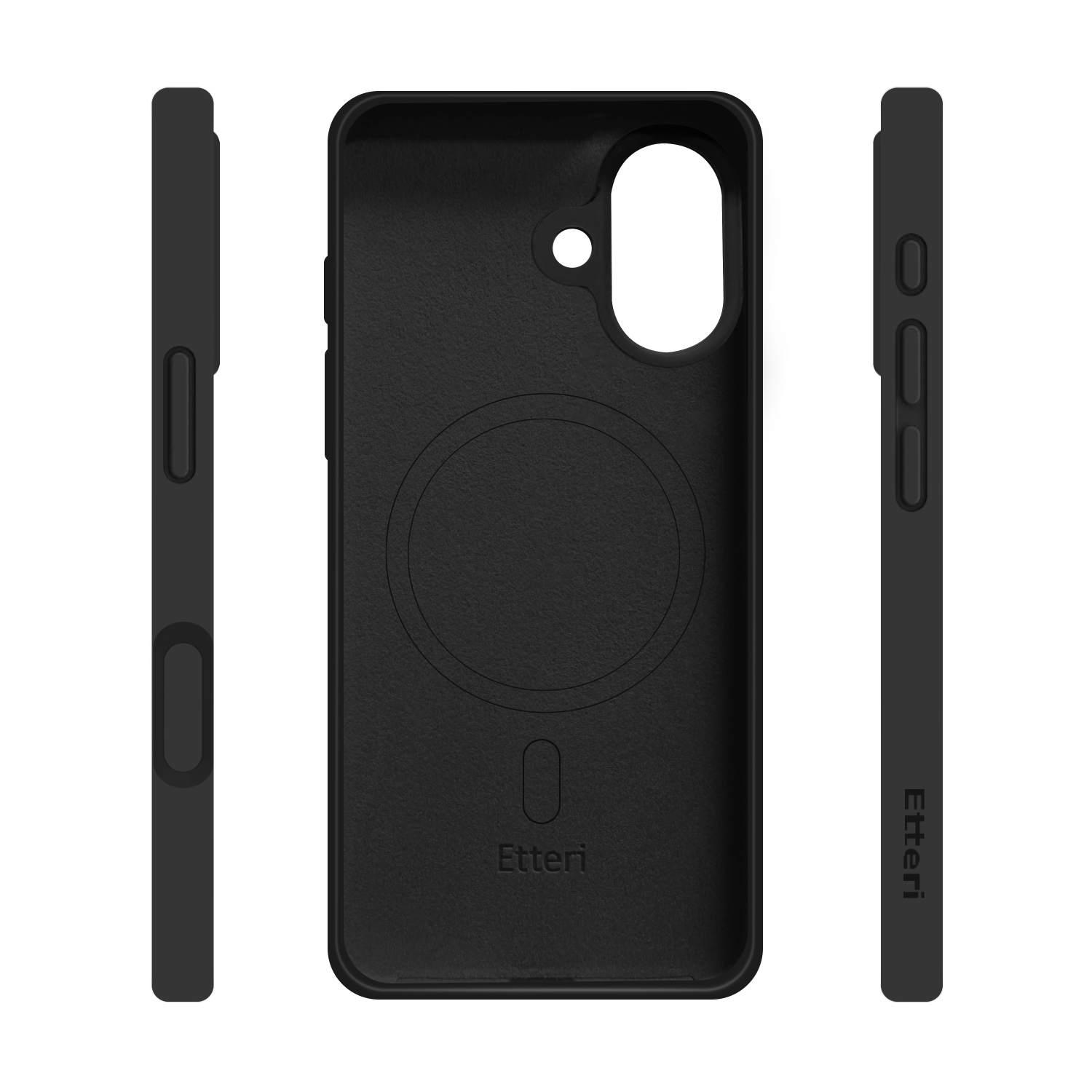 Una custodia nera per telefono con il marchio 'Etteri'. Mostrata da più angolazioni, con pulsanti e caratteristiche.