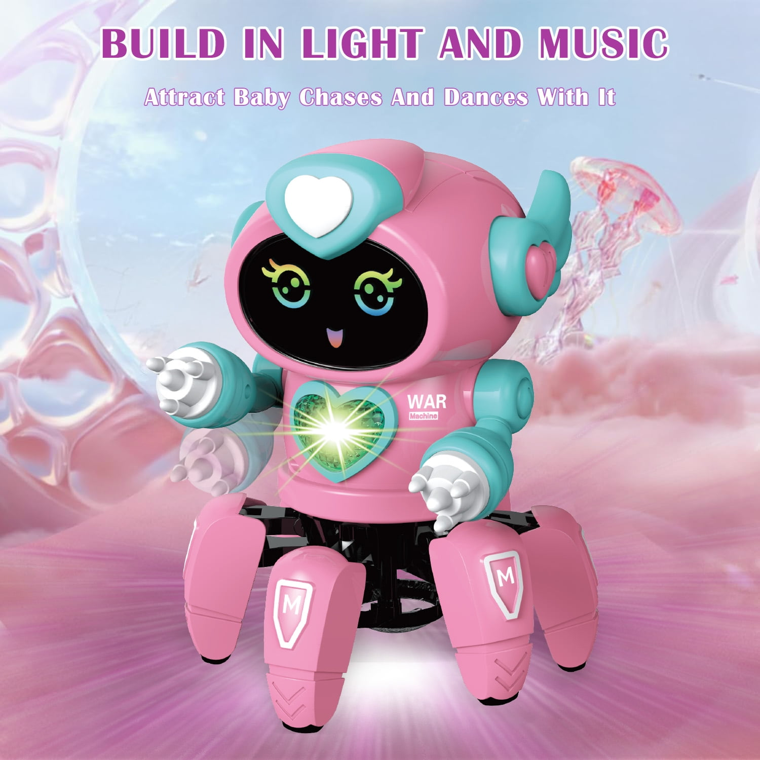 Ein rosa Roboterspielzeug mit türkisfarbenen Akzenten und einem leuchtenden Herzen. Der Text oben lautet 'BAUEN SIE MIT LICHT UND MUSIK'.
