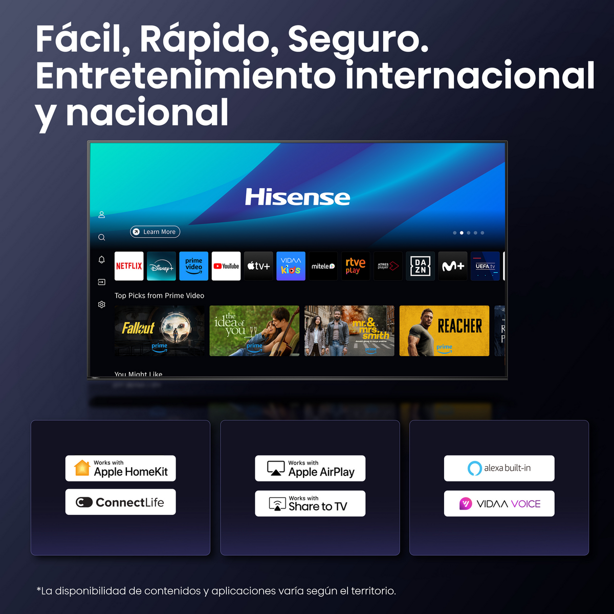 Smart TV Hisense con apps como Netflix y YouTube. Incluye Apple HomeKit, AirPlay y Alexa integrada.
