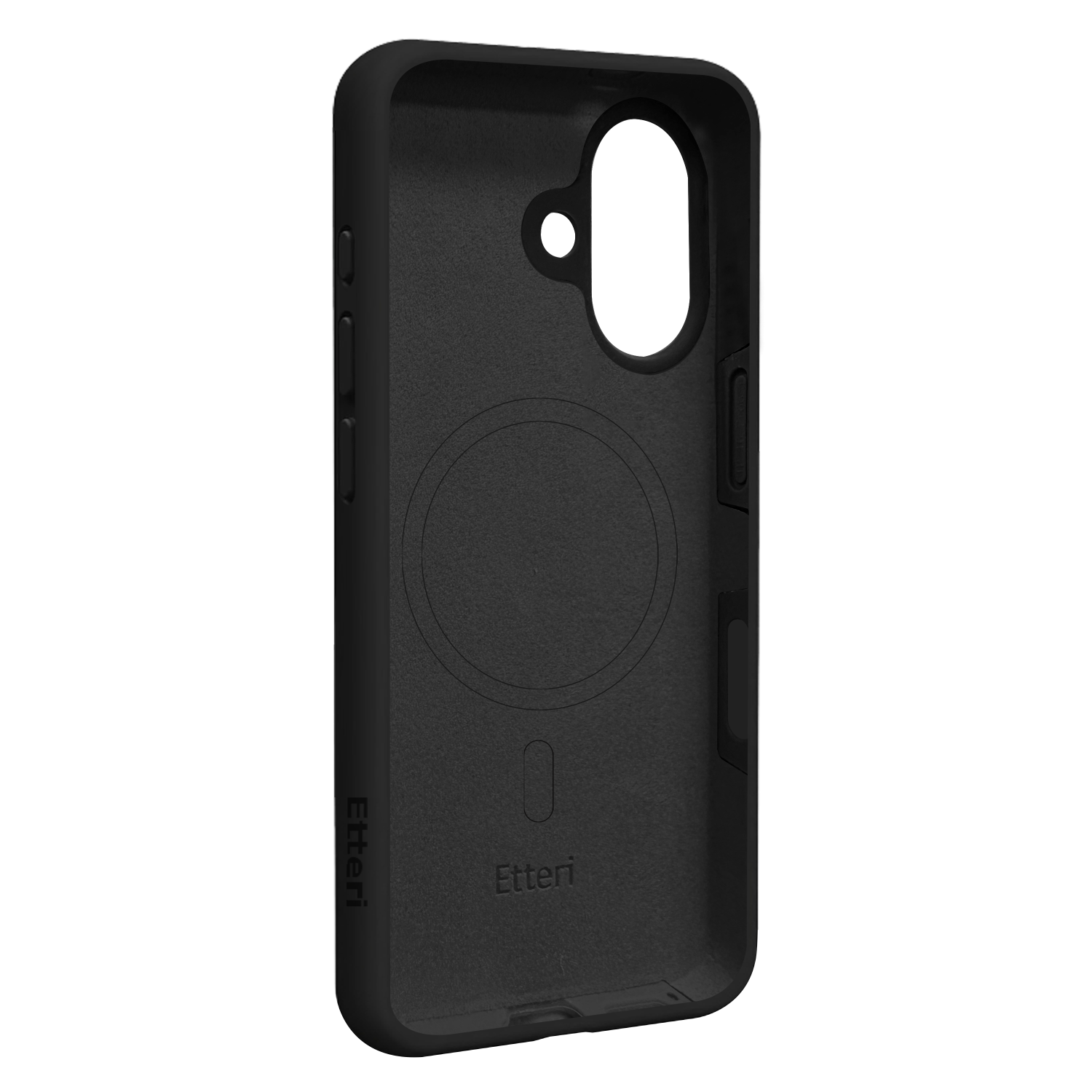 Interno di custodia per telefono nera. Ha un foro per la fotocamera, testo 'Etteri' e un design circolare. Tasti laterali.