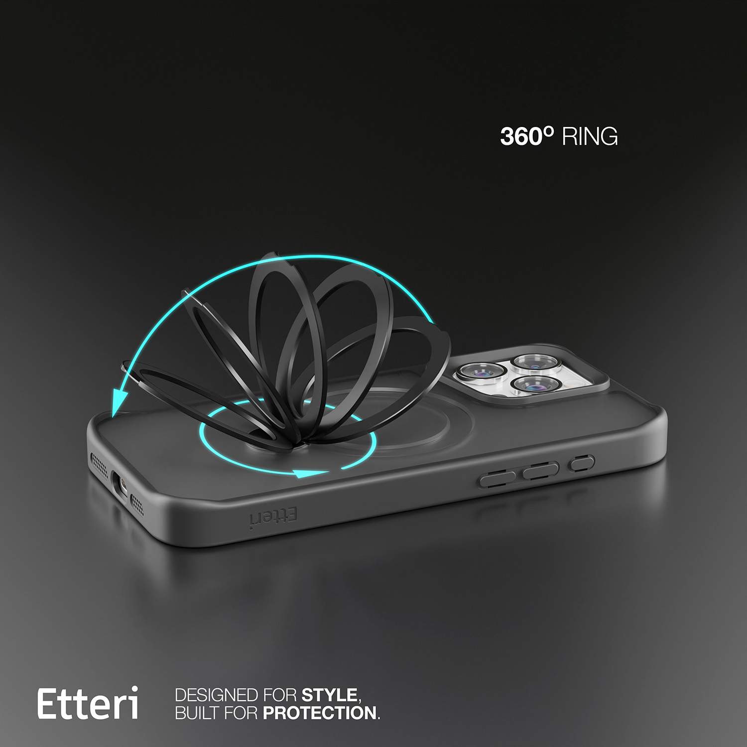 Una custodia nera per telefono con un anello a 360°, su sfondo scuro. La custodia ha il logo 'Etteri' e il testo 'Designed for Style, Built for Protection'.