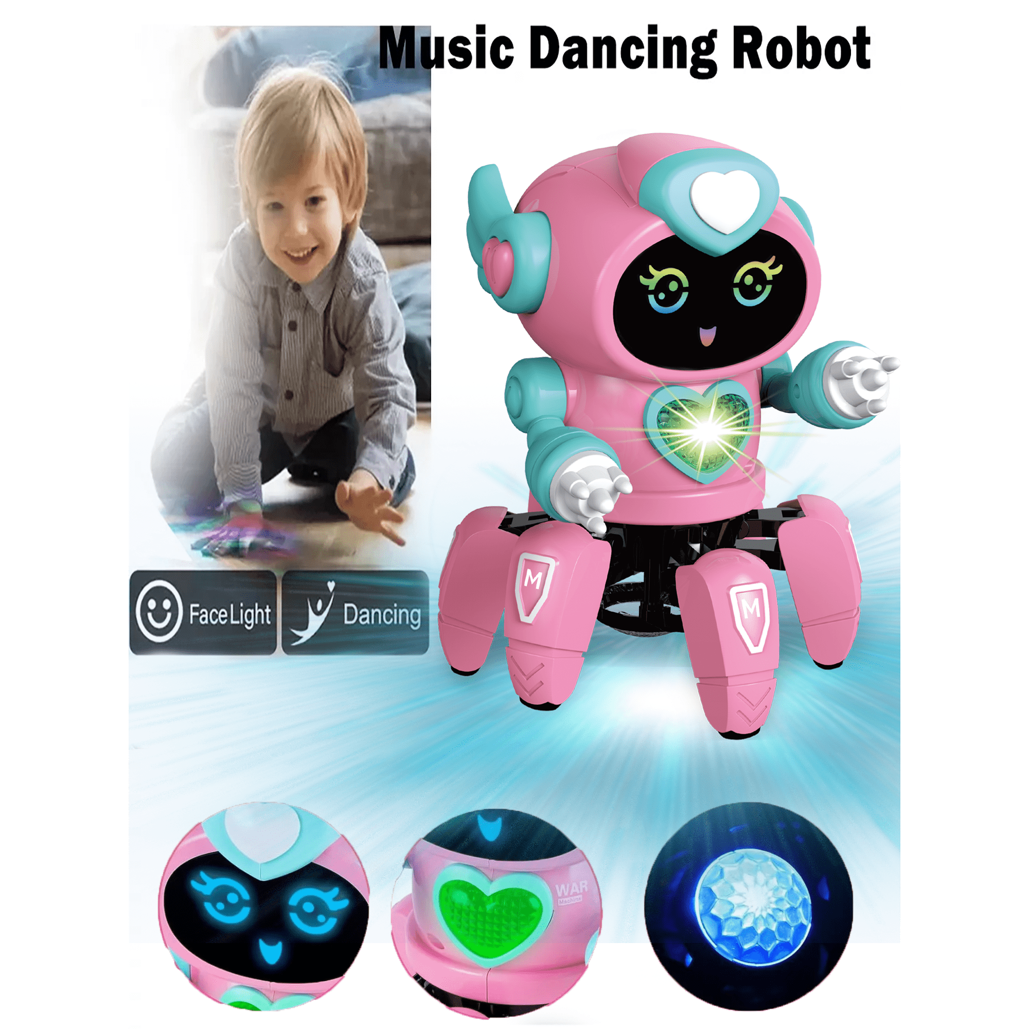 Ein rosafarbener Roboter mit herzförmigem Licht und ein lächelndes Kind. Der Roboter hat blaue Akzente und den Text Music Dancing Robot.