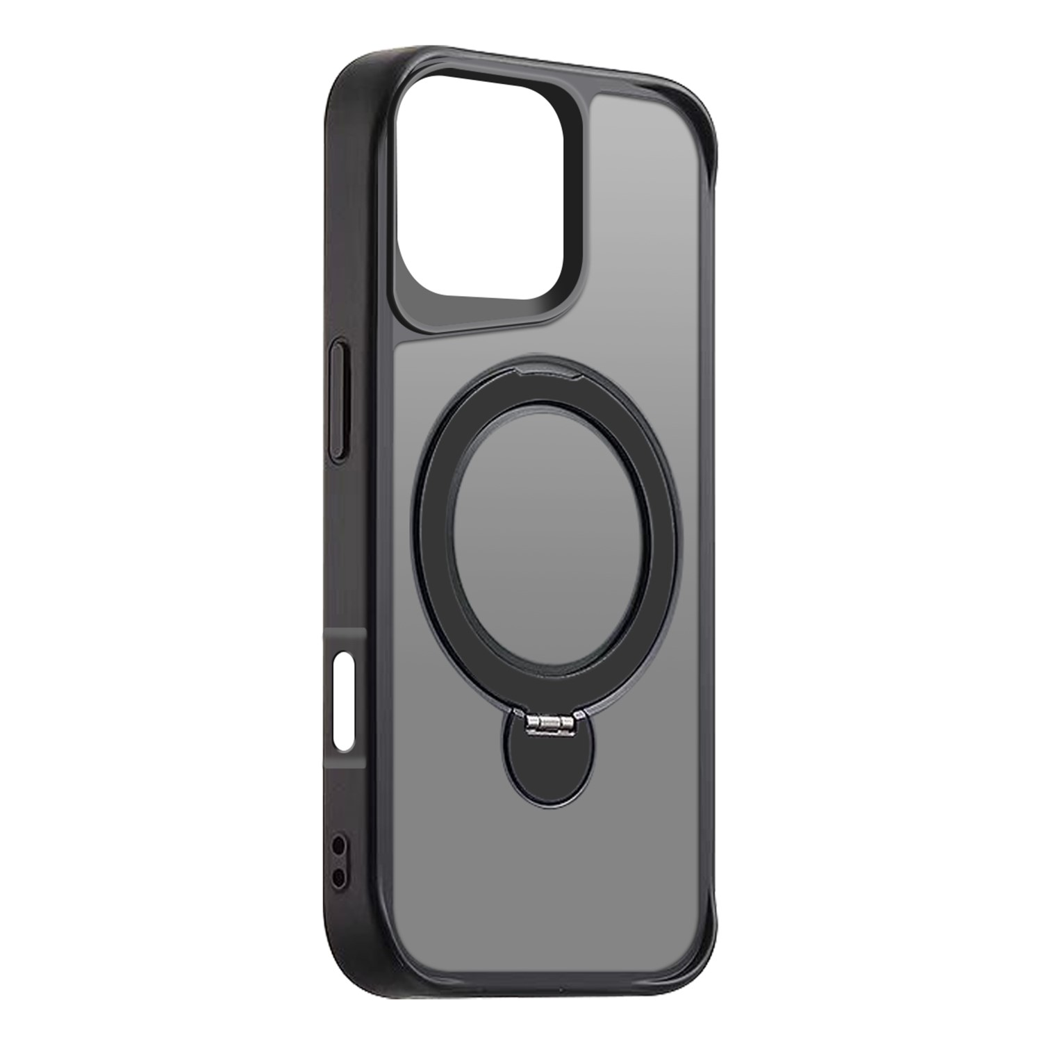 Una custodia nera per telefono con supporto ad anello. La custodia ha un retro trasparente e bordi neri. L'anello è nero e metallico.