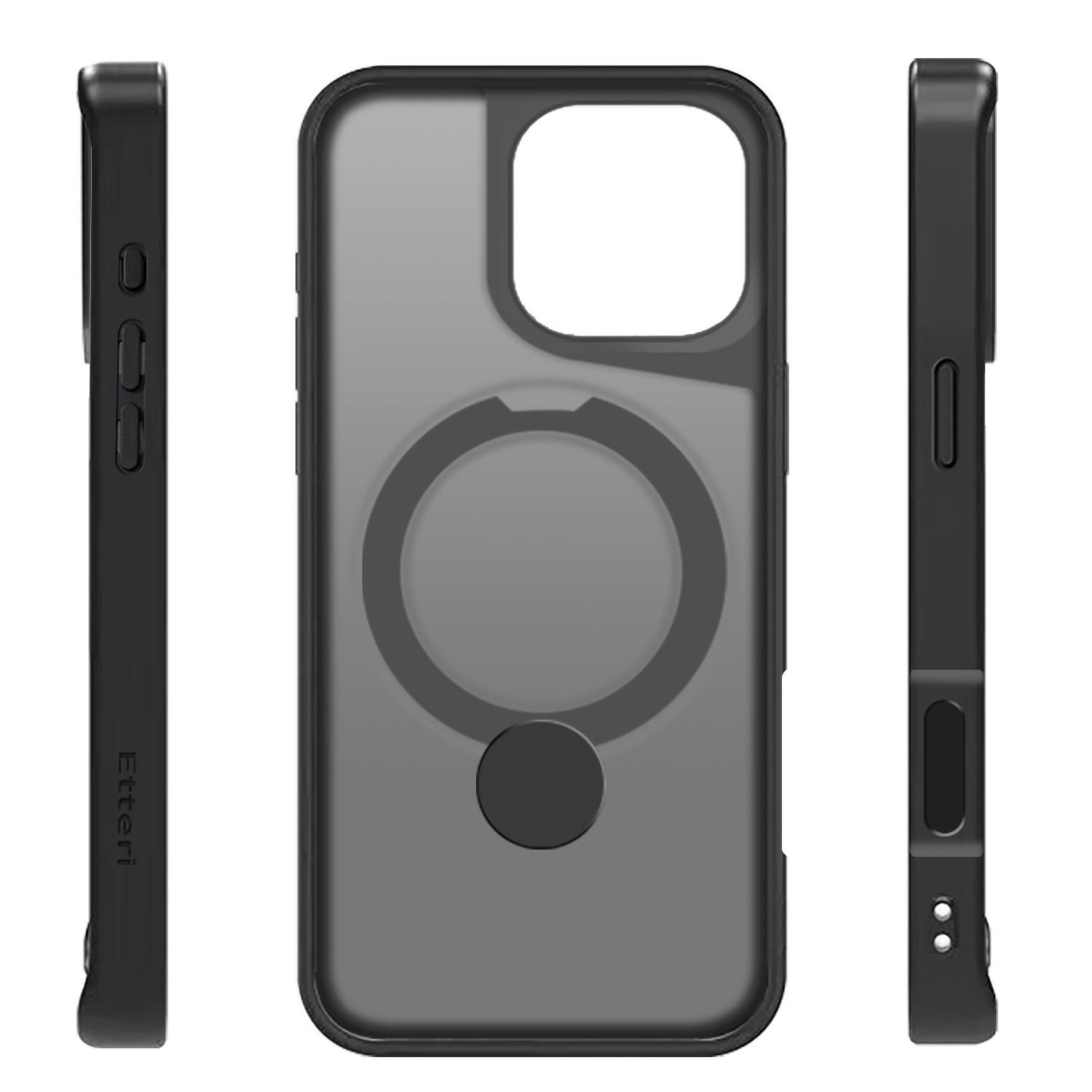 Custodia nera per telefono con retro trasparente e dettagli neri. Tre viste mostrano la custodia da diverse angolazioni.