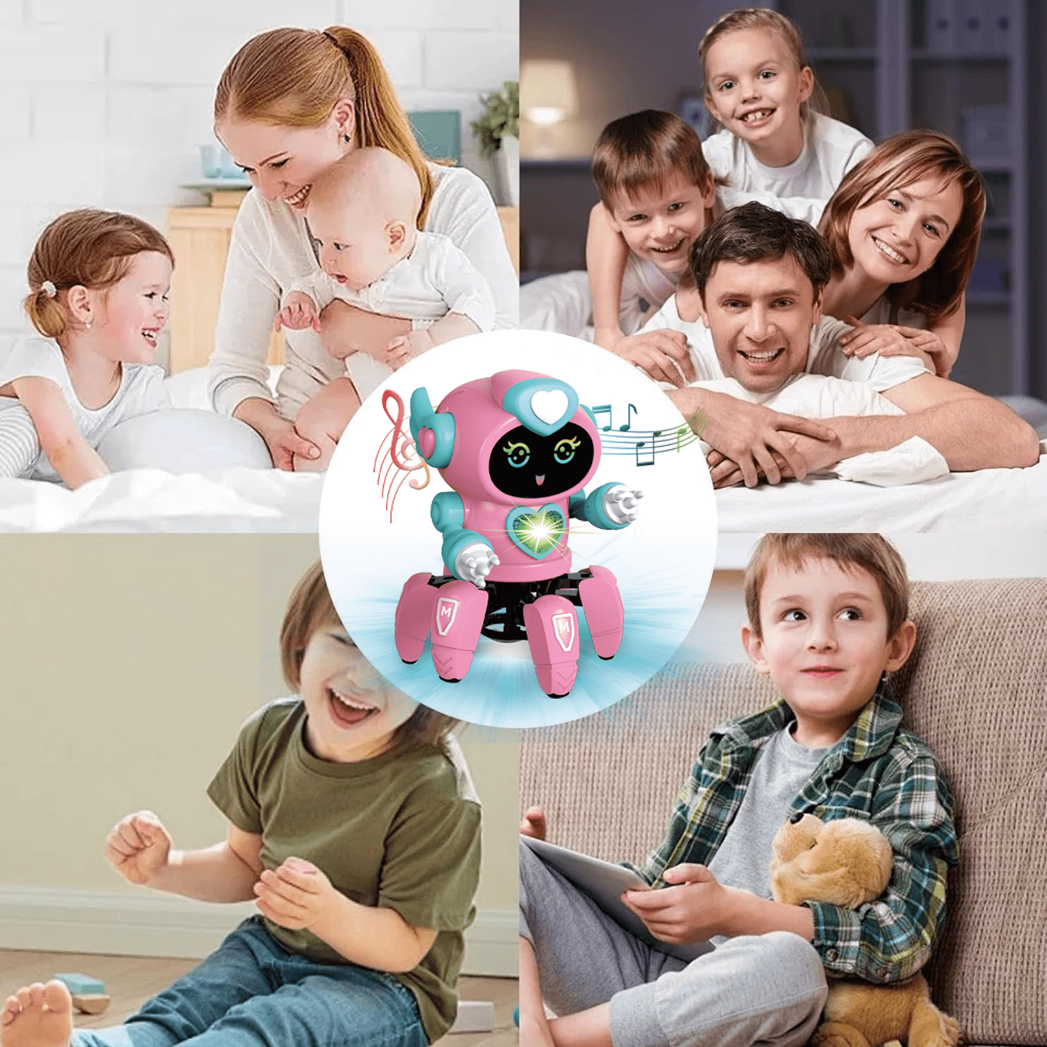 Eine Collage mit einem rosa Roboterspielzeug und vier Familienszenen. Menschen lächeln und interagieren. Der Roboter hat Noten.