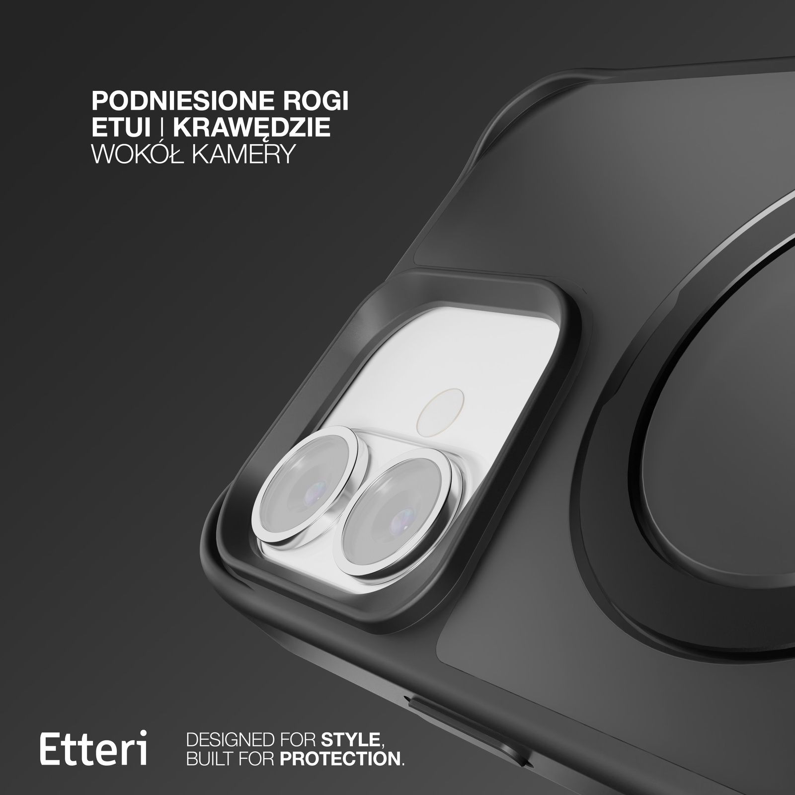 Primo piano di una custodia per telefono con bordi rialzati attorno agli obiettivi della fotocamera, su sfondo grigio scuro.