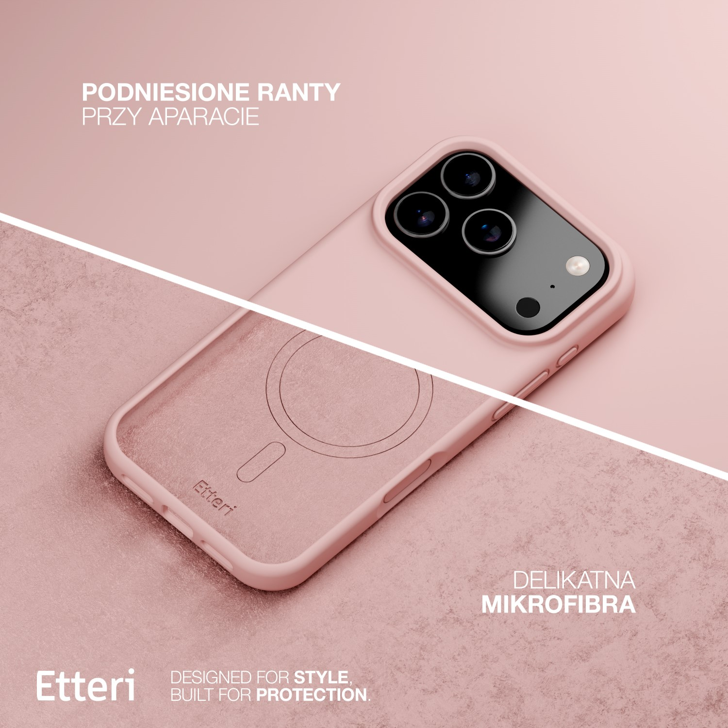 Una custodia rosa per telefono, con logo e testo Etteri, viene visualizzata. La custodia presenta ritagli per la fotocamera e testo che indica materiale in microfibra.
