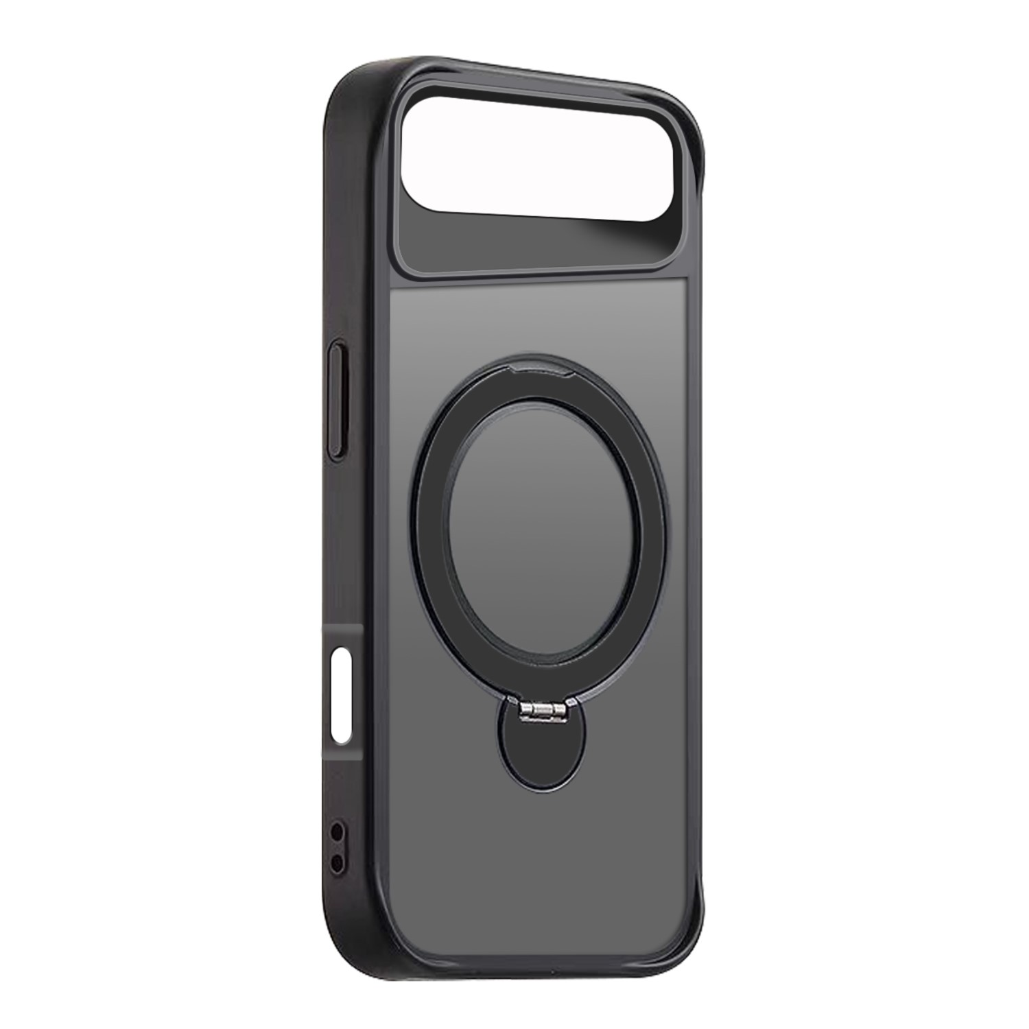 Una custodia nera per telefono con un anello. Ha un retro trasparente. La custodia ha ritagli per la fotocamera e i pulsanti.