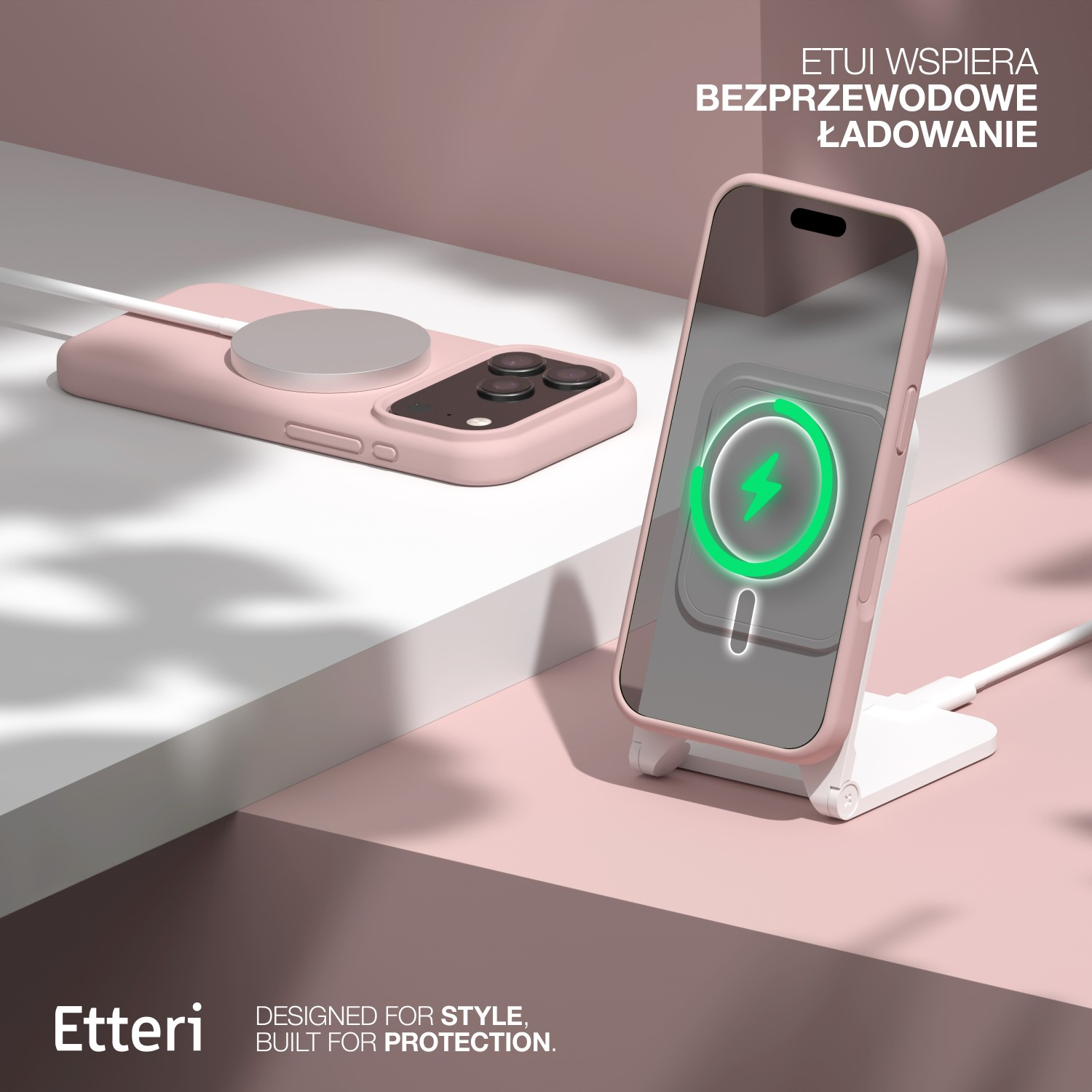 Un telefono rosa in carica su un supporto bianco. Un altro telefono con caricatore è vicino. Lo sfondo è rosa e bianco.