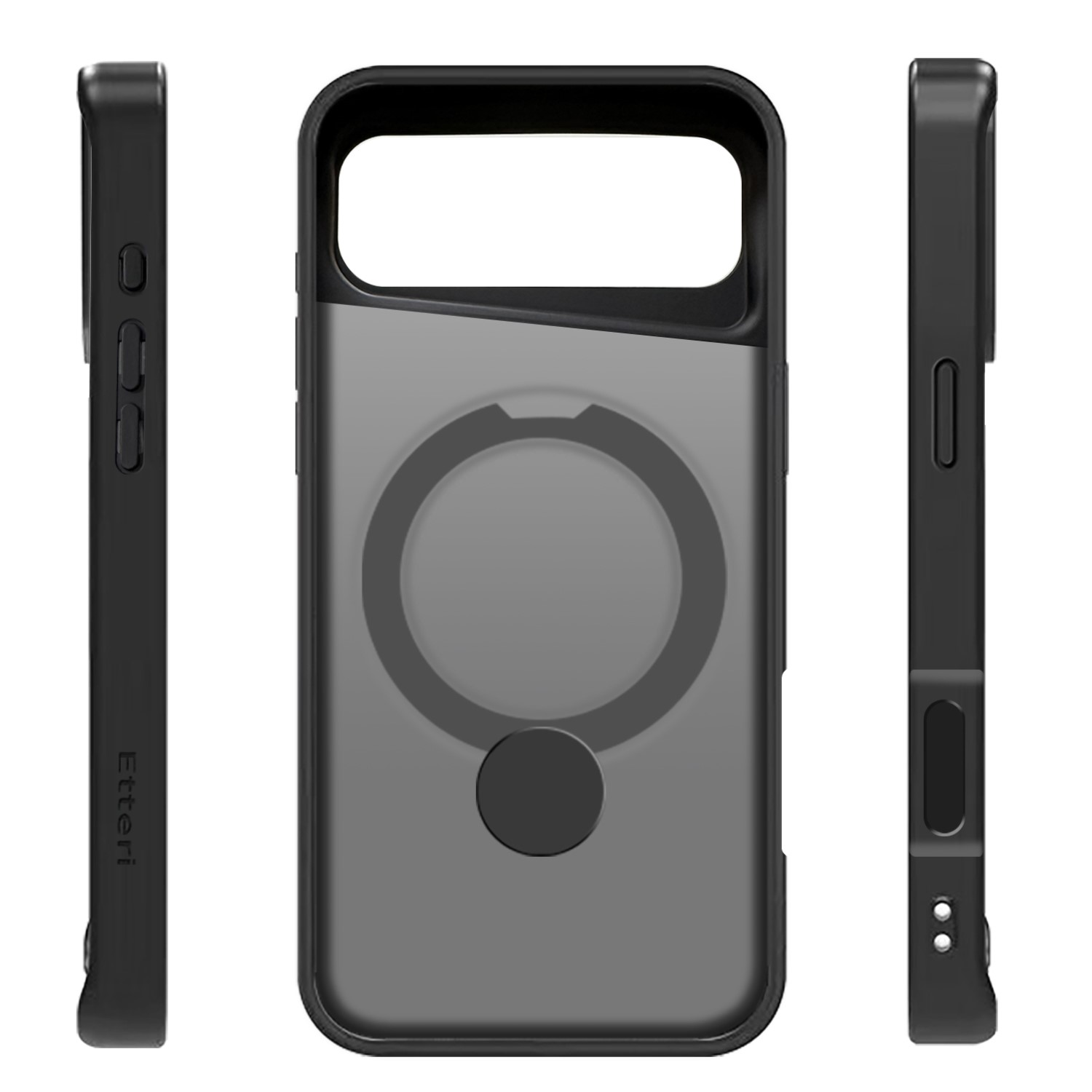 Custodia per telefono nera con supporto ad anello. Ha un retro trasparente e un bordo nero. Sono mostrate anche viste laterali della custodia.