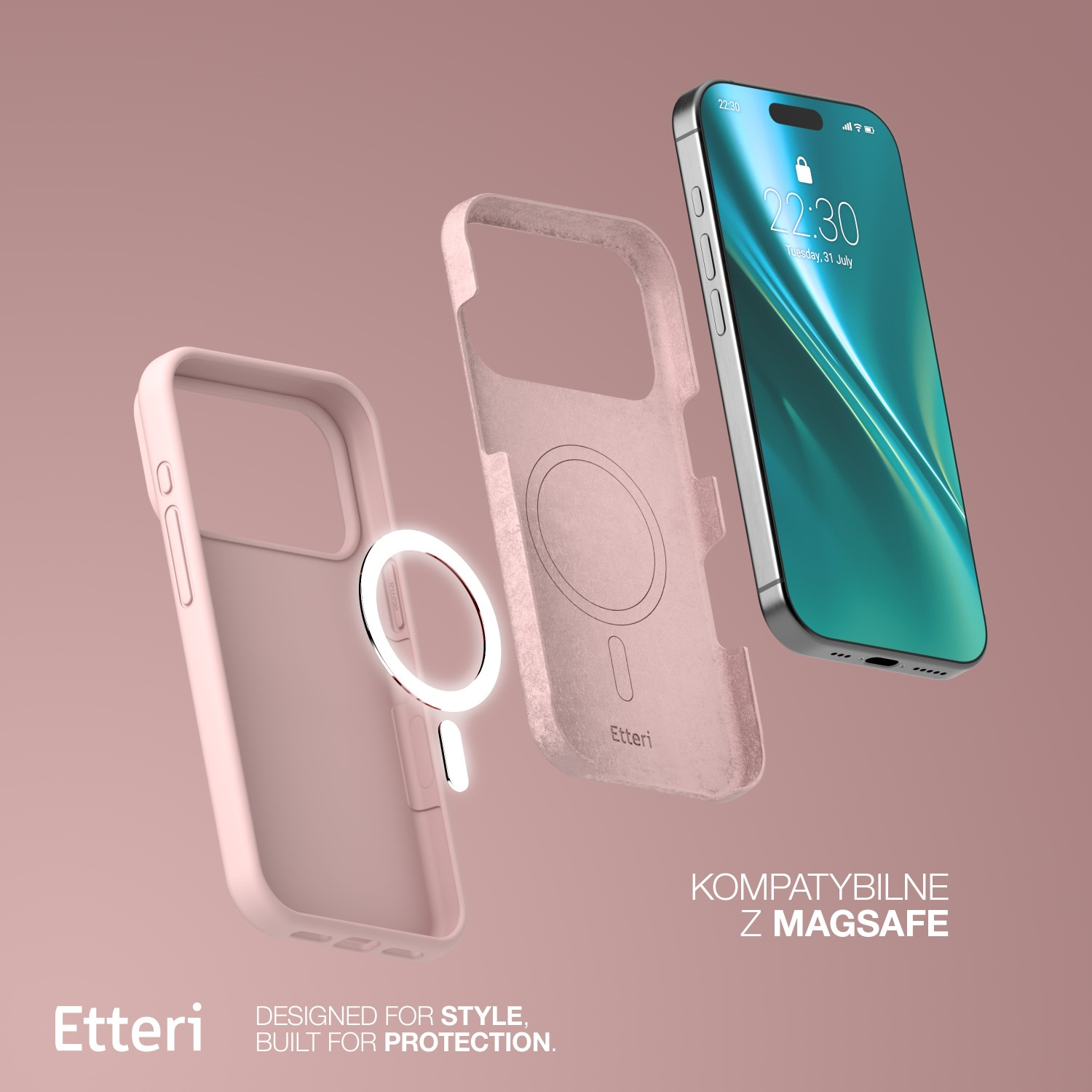 Un iPhone con custodia rosa e un anello magnetico che fluttua accanto. Testo in basso: progettato per lo stile, costruito per la protezione.