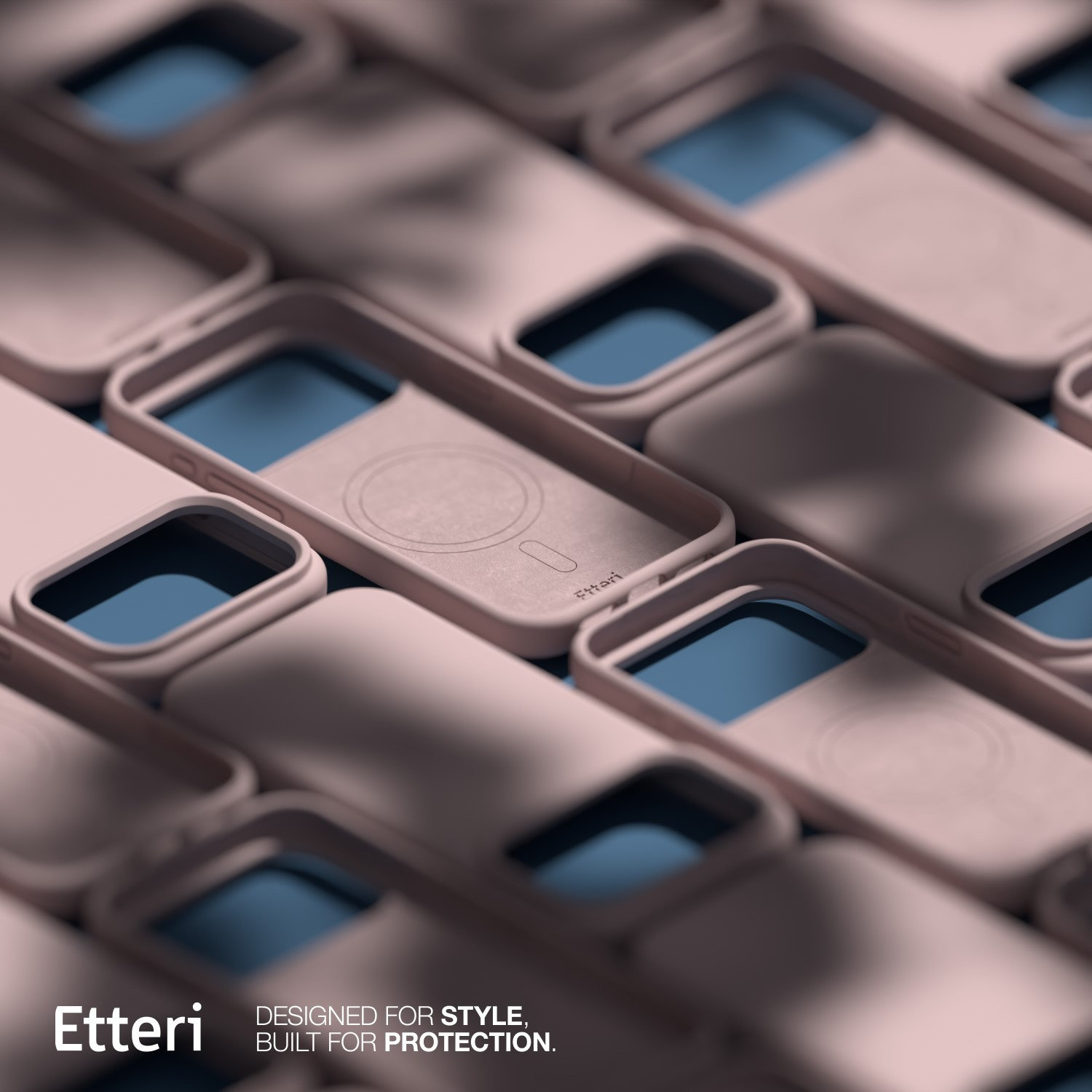 Custodie per telefono rosa disposte su una superficie blu. Le custodie hanno aperture nere. Il logo 'Etteri' è visibile.