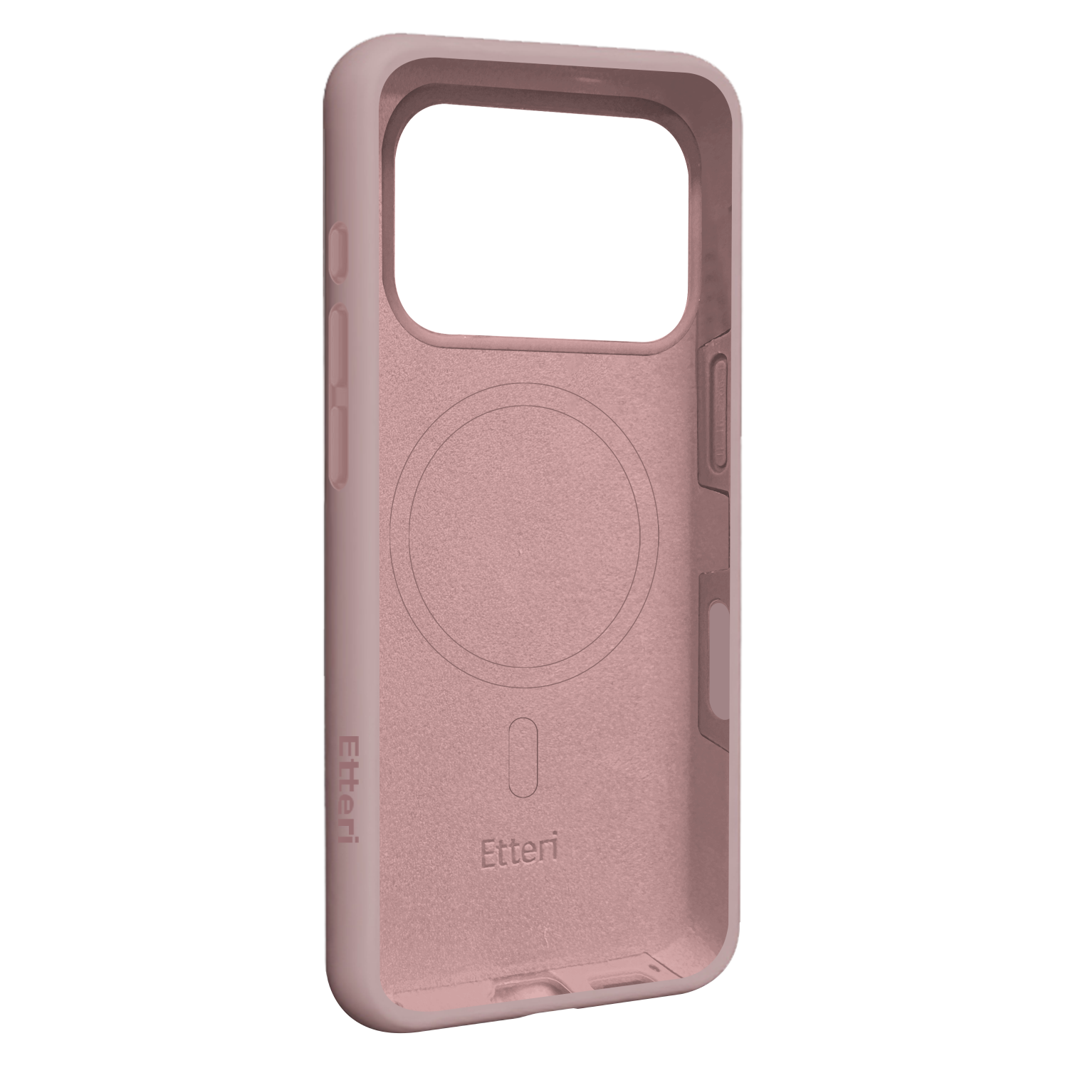 Una custodia rosa per telefono con un ritaglio per la fotocamera e i pulsanti. Il marchio "Etteri" è stampato sul lato e in basso.