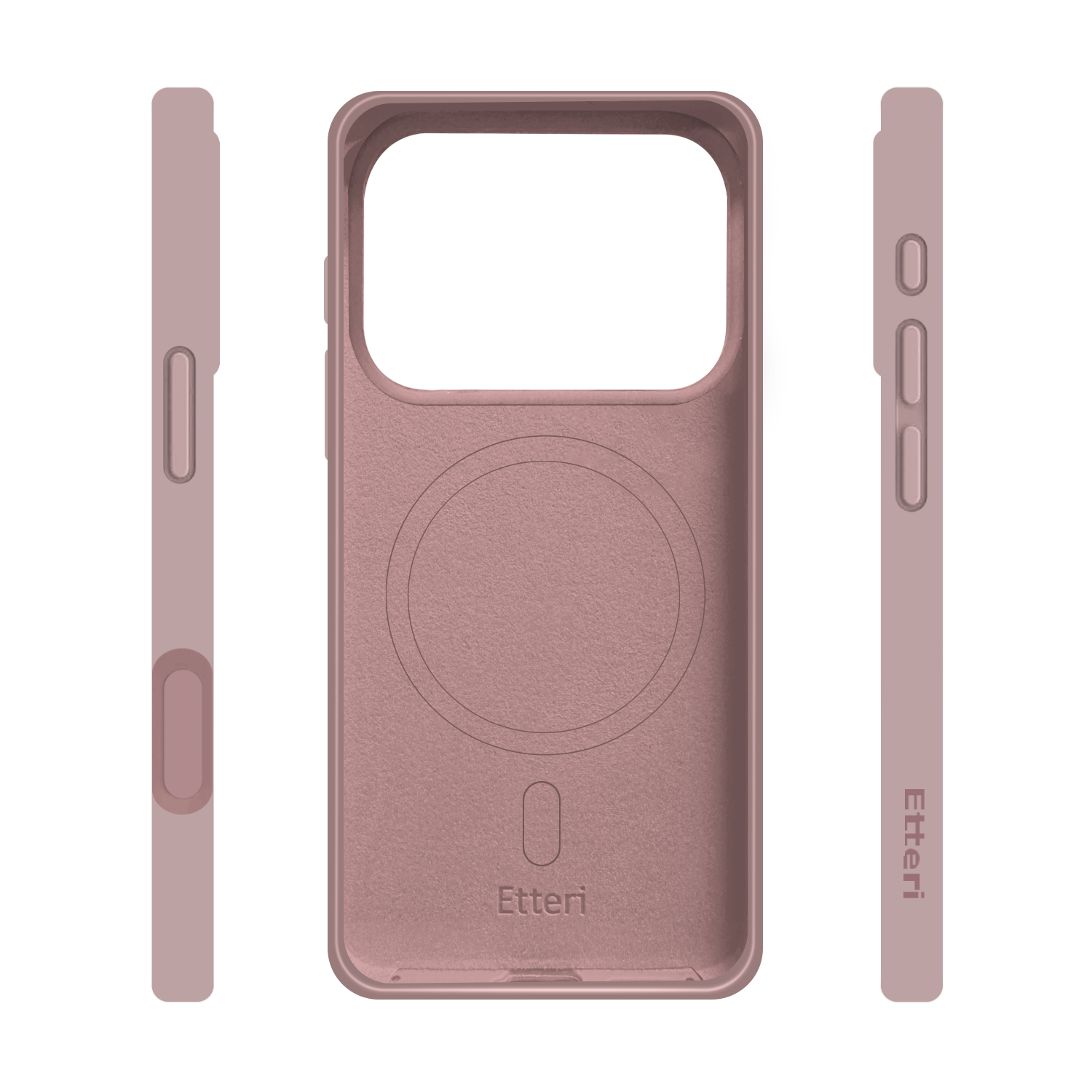 Tre viste di una custodia per telefono rosa antico. La vista centrale mostra l'interno con un cerchio e il marchio. Viste laterali.
