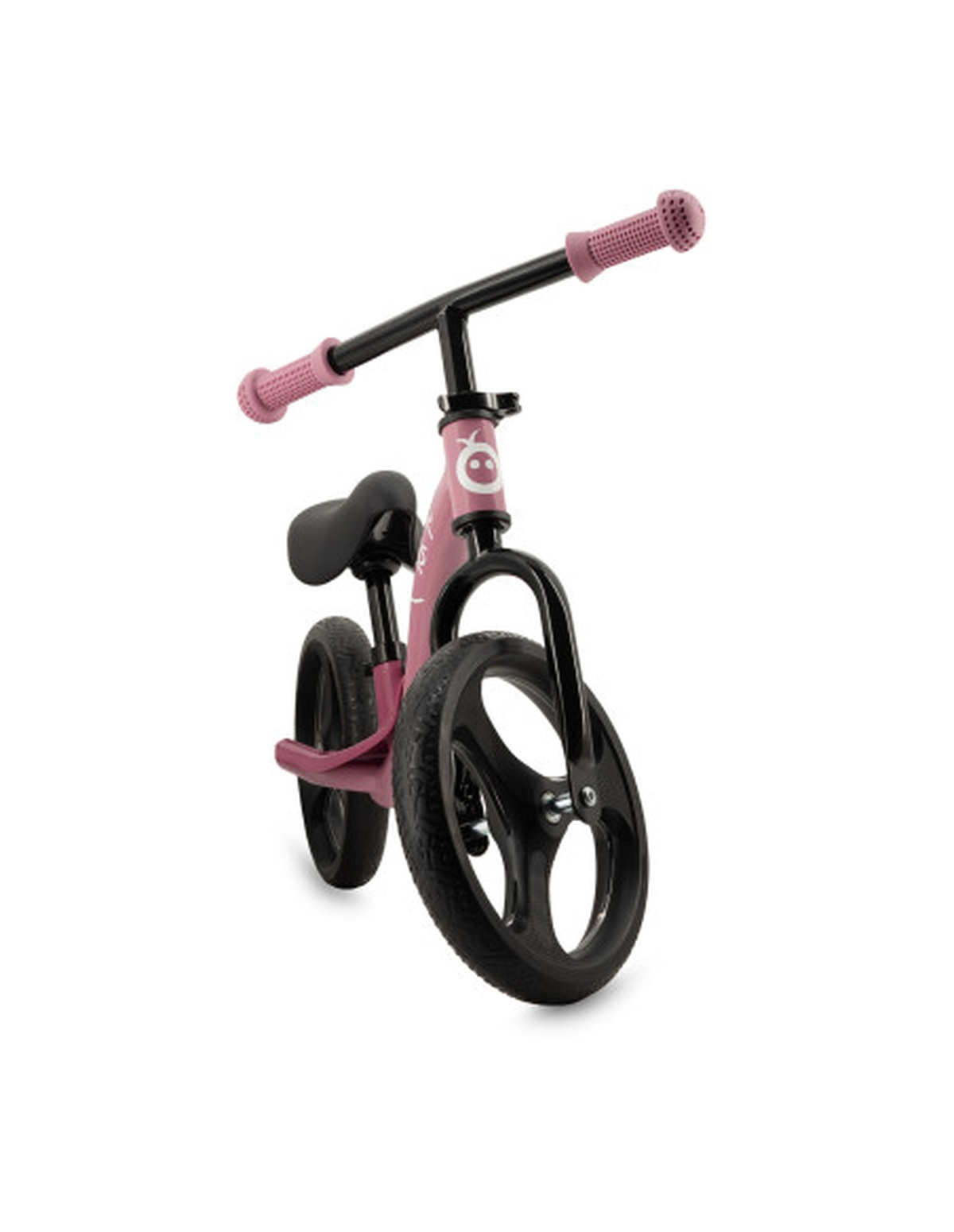 Ein rosa Laufrad mit schwarzen Rädern und Lenker. Der Lenker hat rosa Griffe und der Sitz ist schwarz.