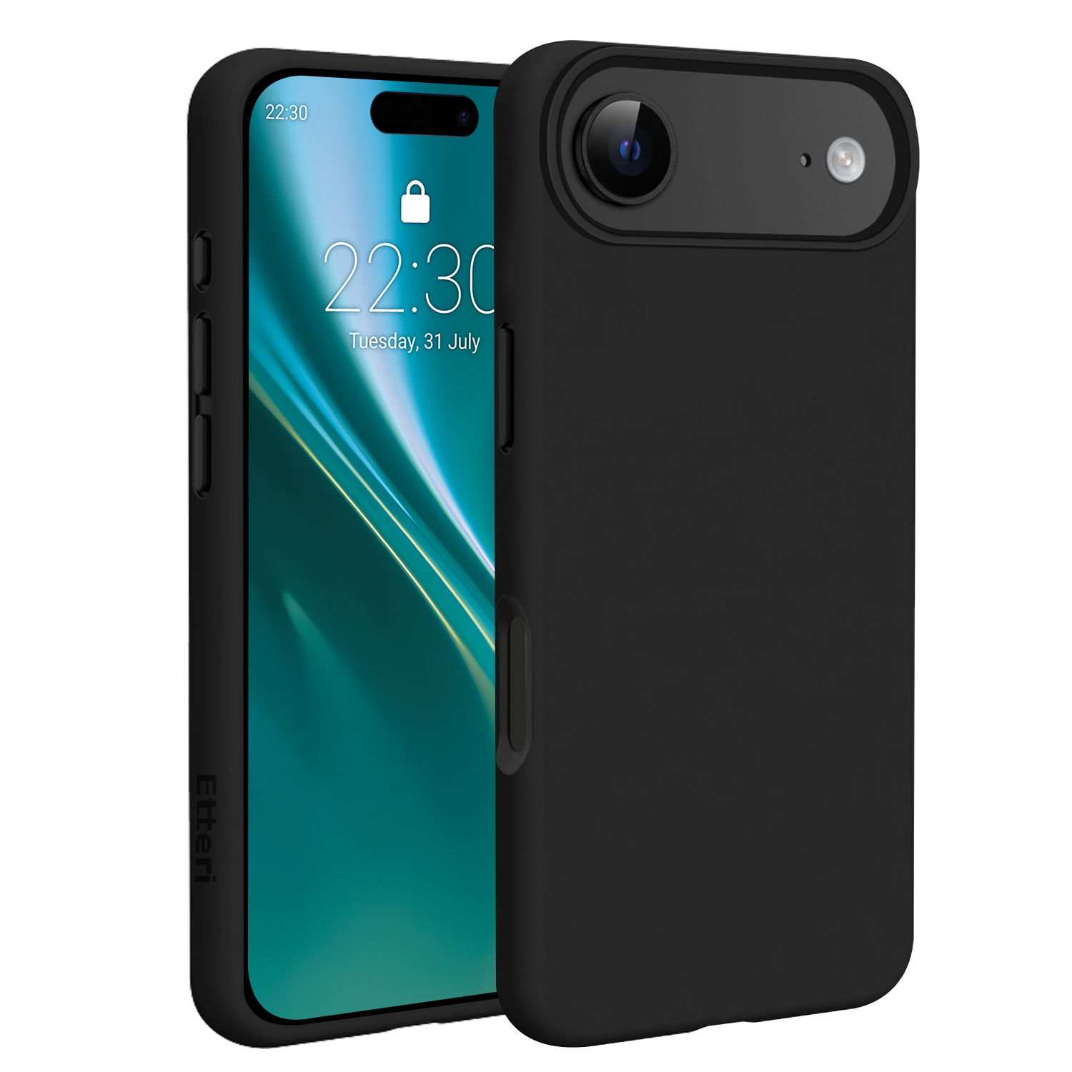 Czarny telefon z czarnym etui. Ekran wyświetla godzinę i datę. Etui ma moduł kamery.
