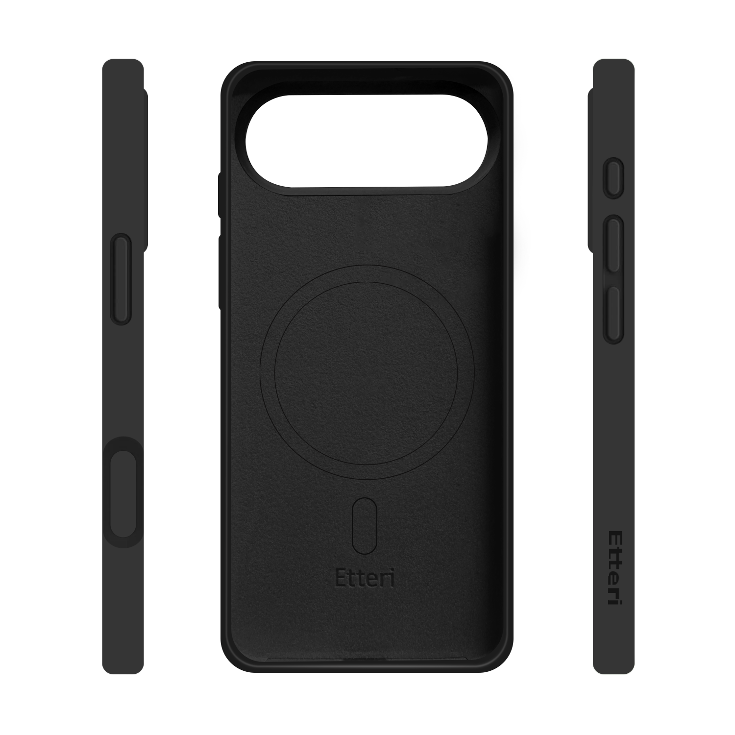 Czarne etui na telefon z wycięciami na aparat i przyciski. Marka "Etteri" jest nadrukowana. Pokazano trzy widoki.