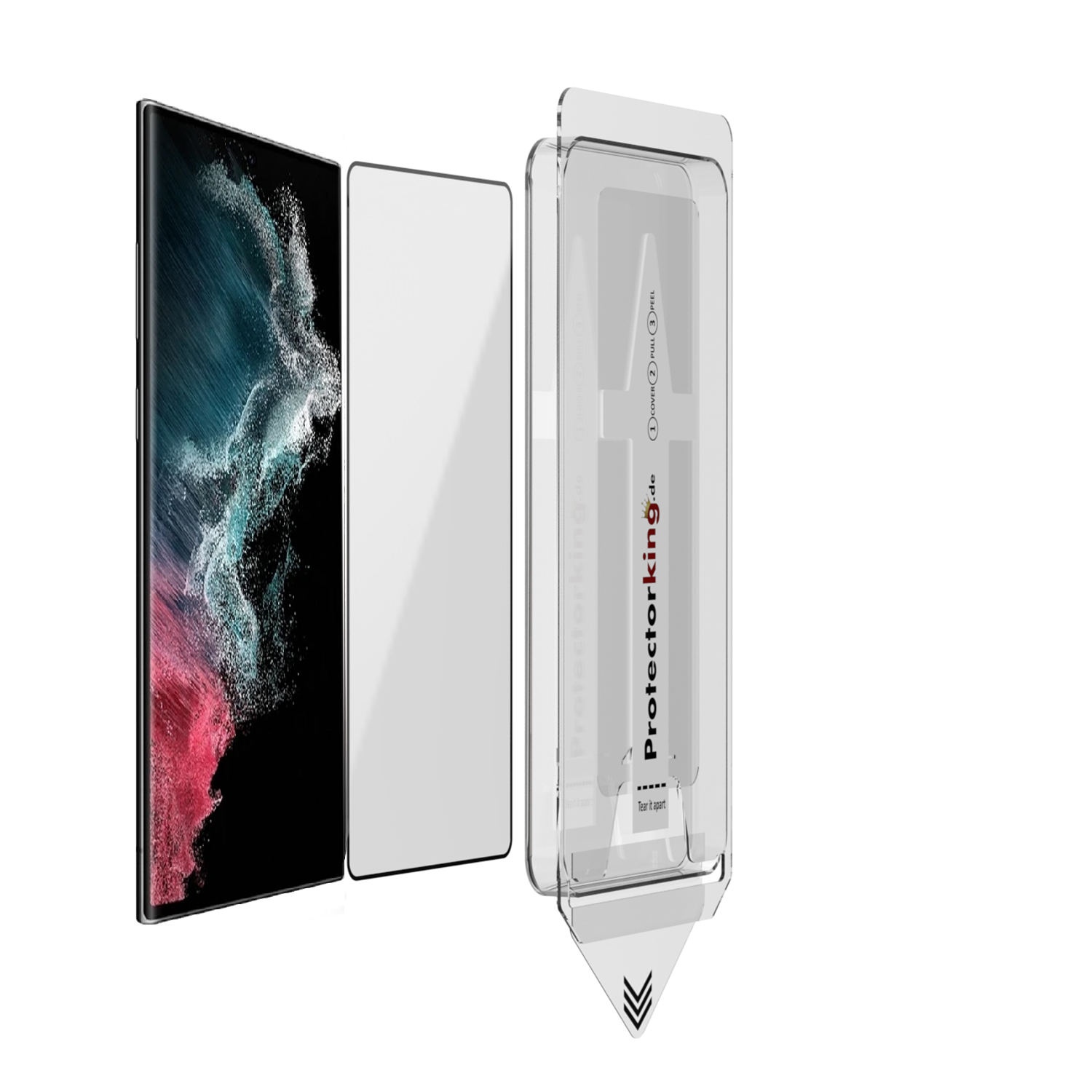 Ein Smartphone, ein Displayschutz und eine Verpackung für den Schutz. Das Smartphone hat einen farbenfrohen Bildschirm. Die Verpackung ist transparent.