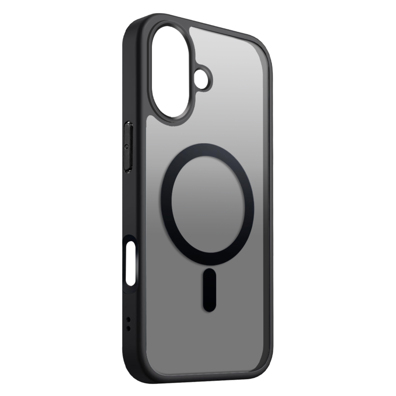 Una custodia trasparente per telefono con cornice nera e magnete circolare. La custodia ha fori per la fotocamera e i pulsanti.