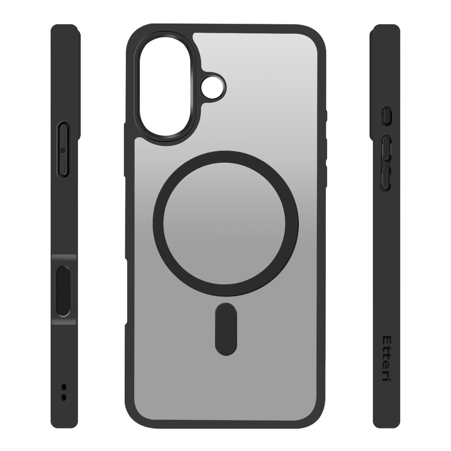 Custodia nera per telefono con retro trasparente, cornice nera e cerchio magnetico. Le viste laterali mostrano i pulsanti e il logo 'Etteri'.