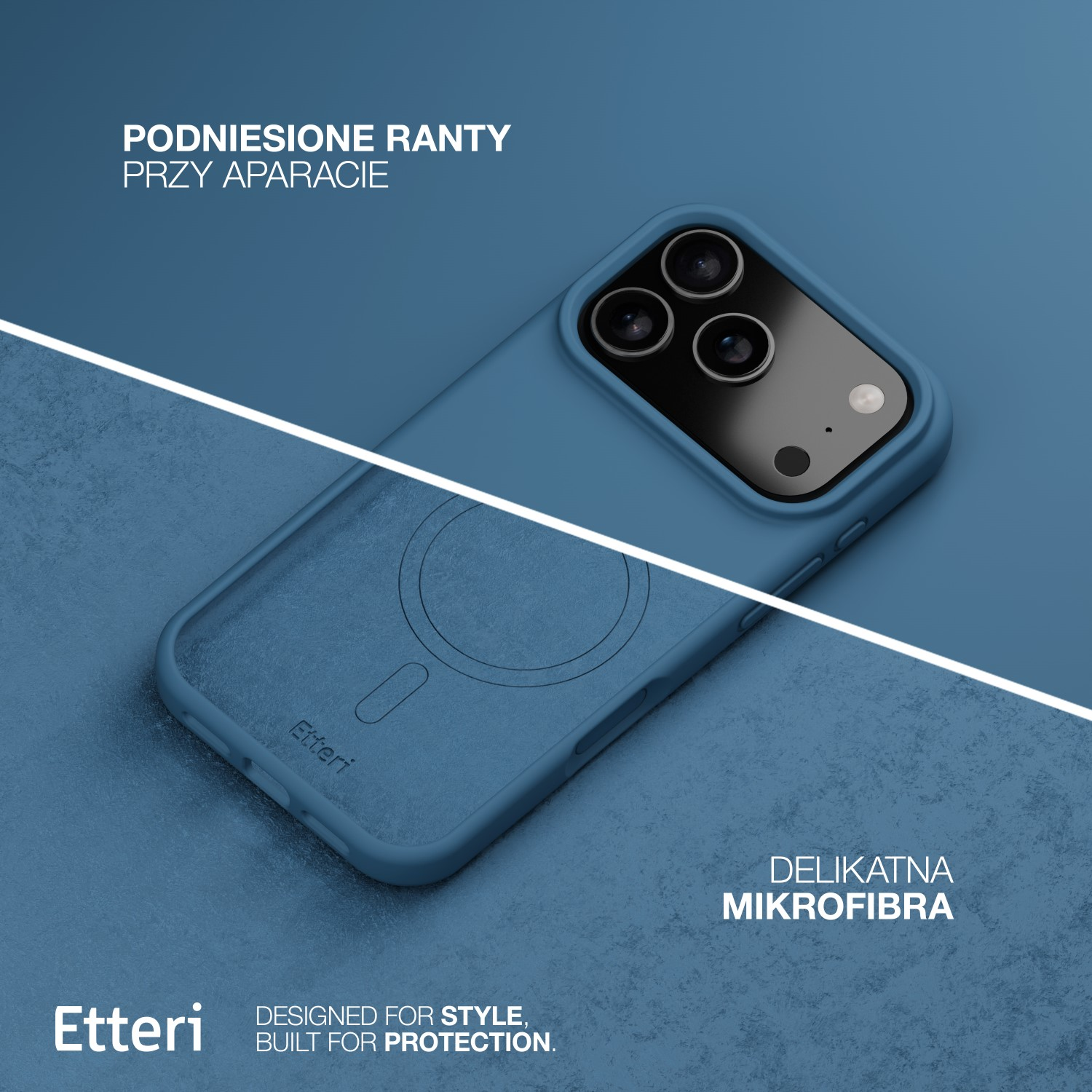Una custodia blu per telefono con bordi rialzati attorno alla fotocamera. La custodia ha il logo Etteri e un testo sulla protezione.