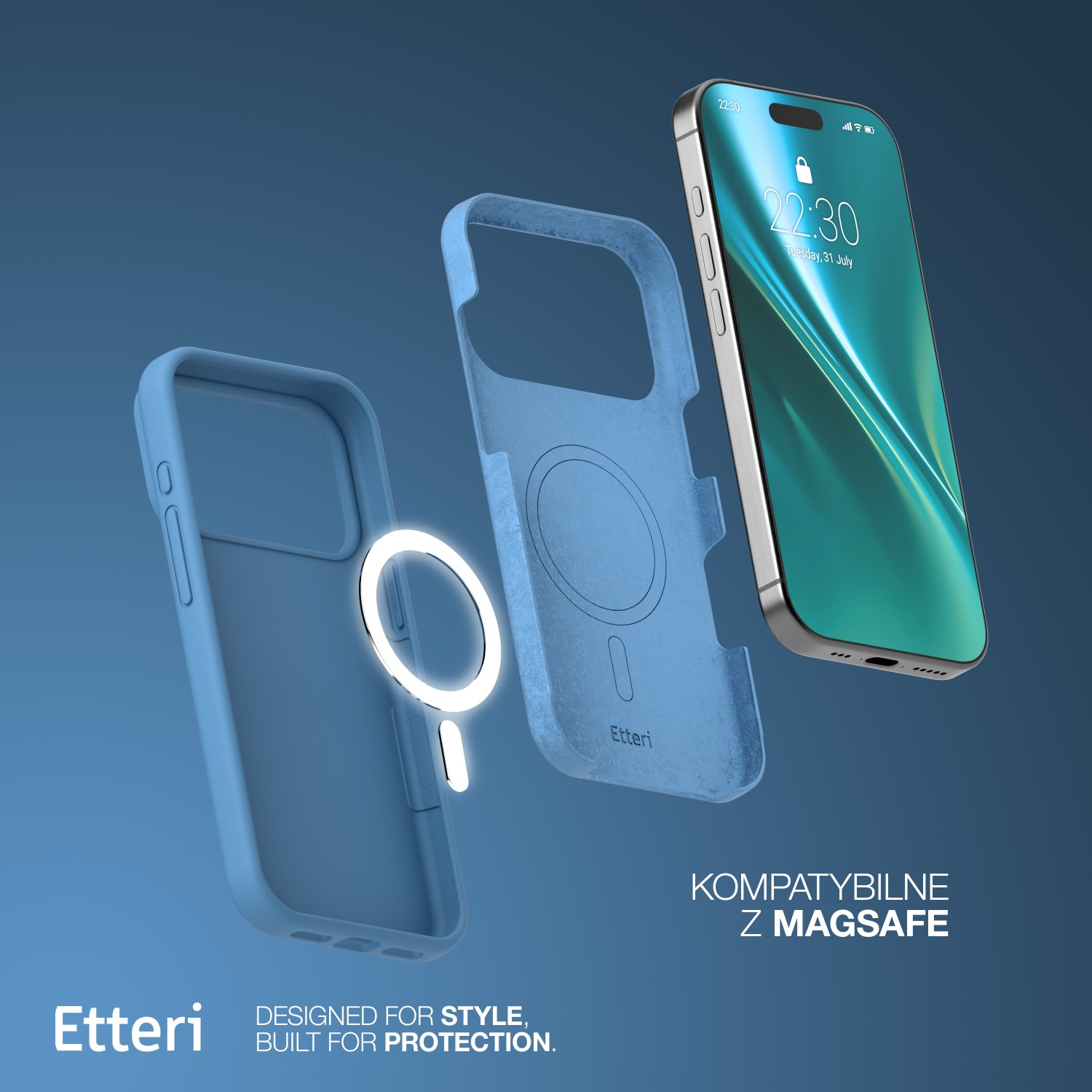 Un telefono con custodia blu e anello MagSafe. Il telefono mostra l'ora 22:30. Testo: Progettato per lo stile.