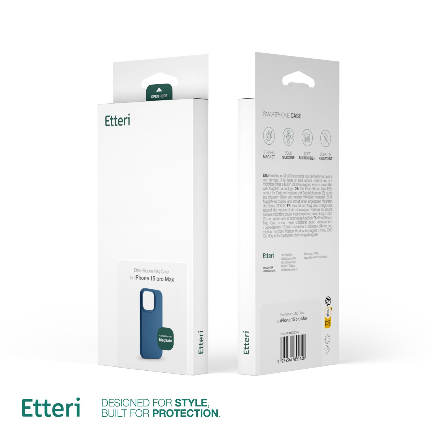 Confezione della custodia Etteri per iPhone. Scatola bianca con illustrazione della custodia blu. Il testo include 'MagSafe' e dettagli.