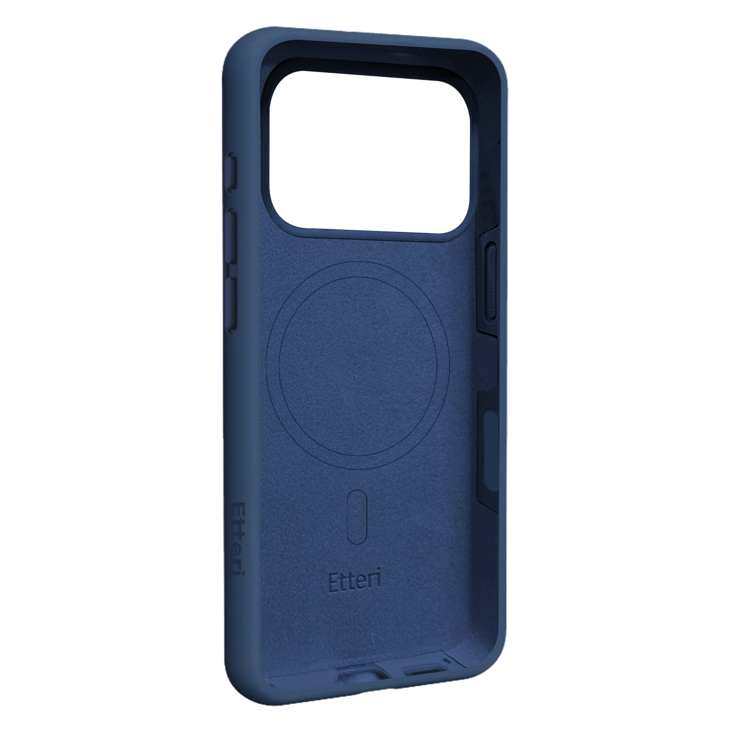 Una custodia blu per telefono con un ritaglio per la fotocamera. È visibile il marchio 'Etteri'. La custodia è progettata per un telefono.