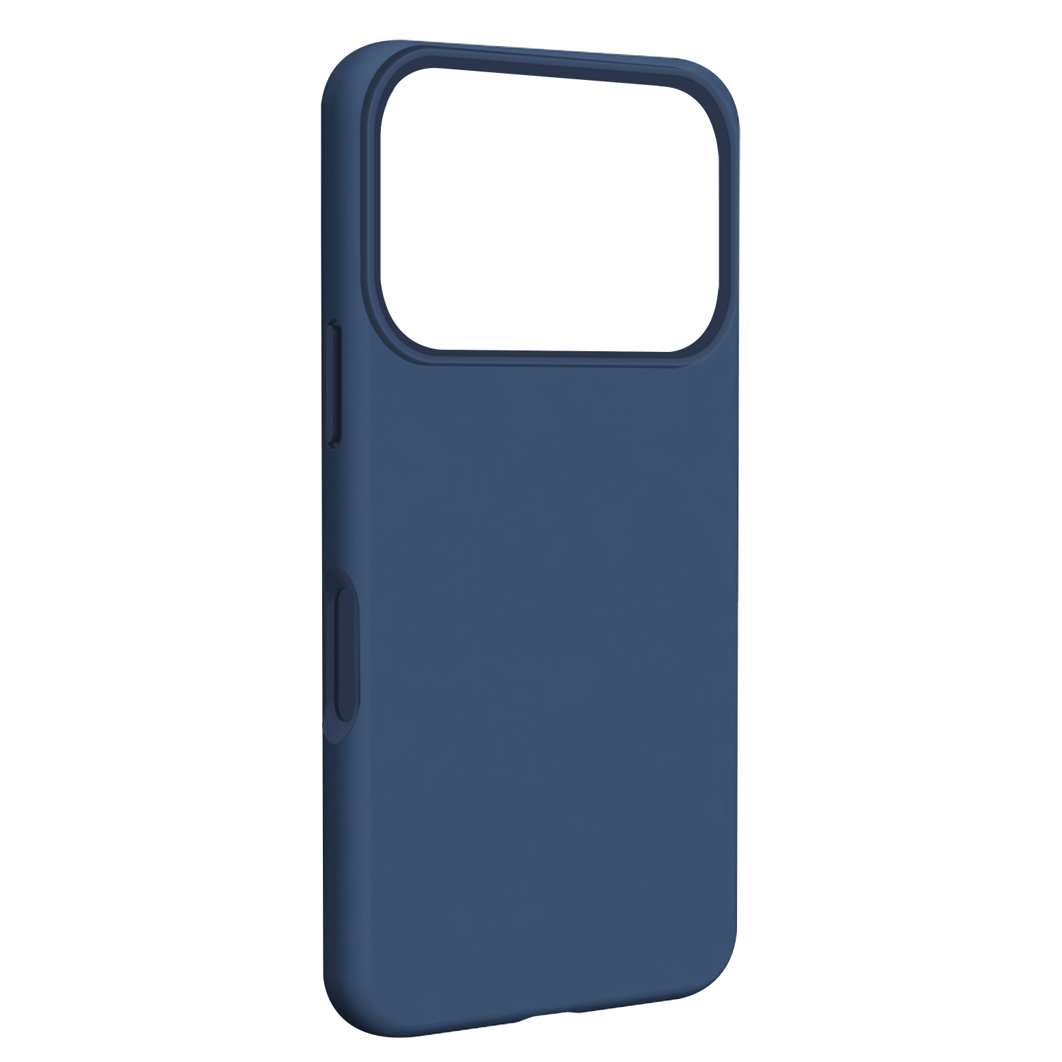 Una custodia blu navy per telefono è mostrata su sfondo bianco. La custodia è rettangolare con angoli arrotondati e un ritaglio per la fotocamera.