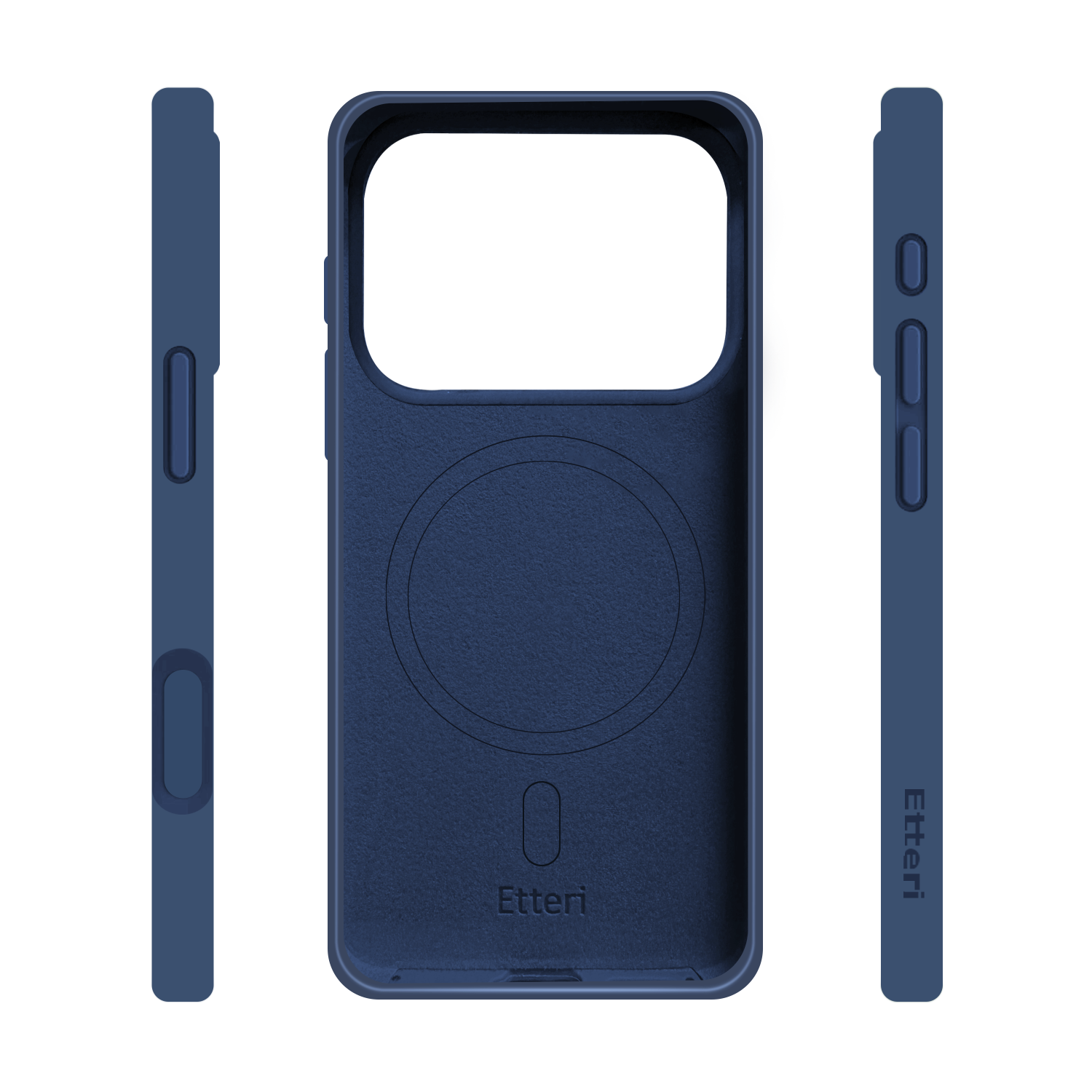 Tre viste di una custodia blu navy per telefono. La parte anteriore ha un ritaglio per la fotocamera. Le viste laterali mostrano i pulsanti e il logo "Etteri".