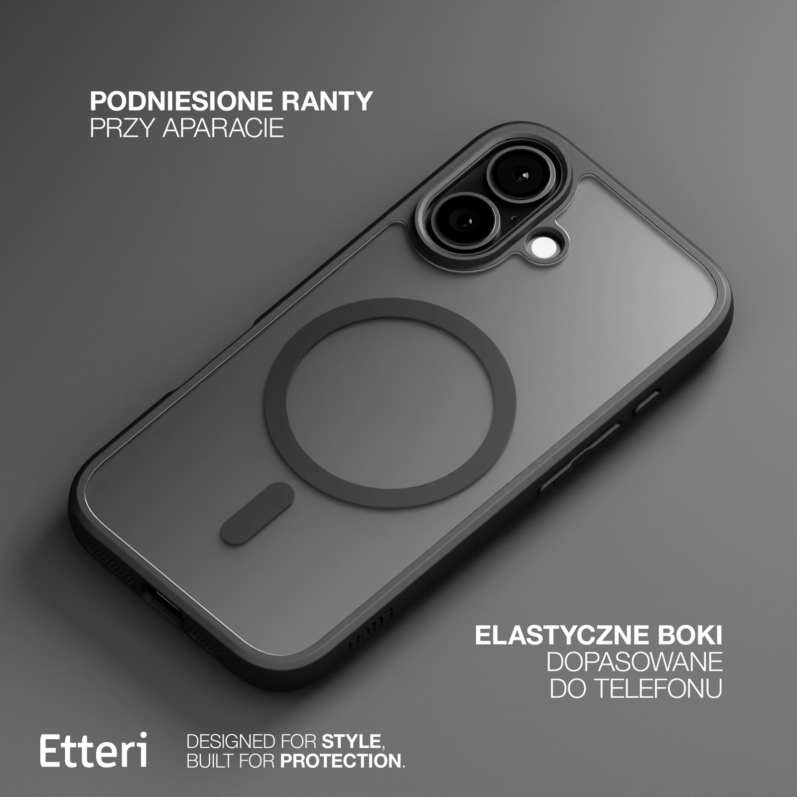 Przezroczyste etui na telefon z czarną ramką i obrysem aparatu. Cechy obejmują podniesione krawędzie i elastyczne boki. Tło jest szare.
