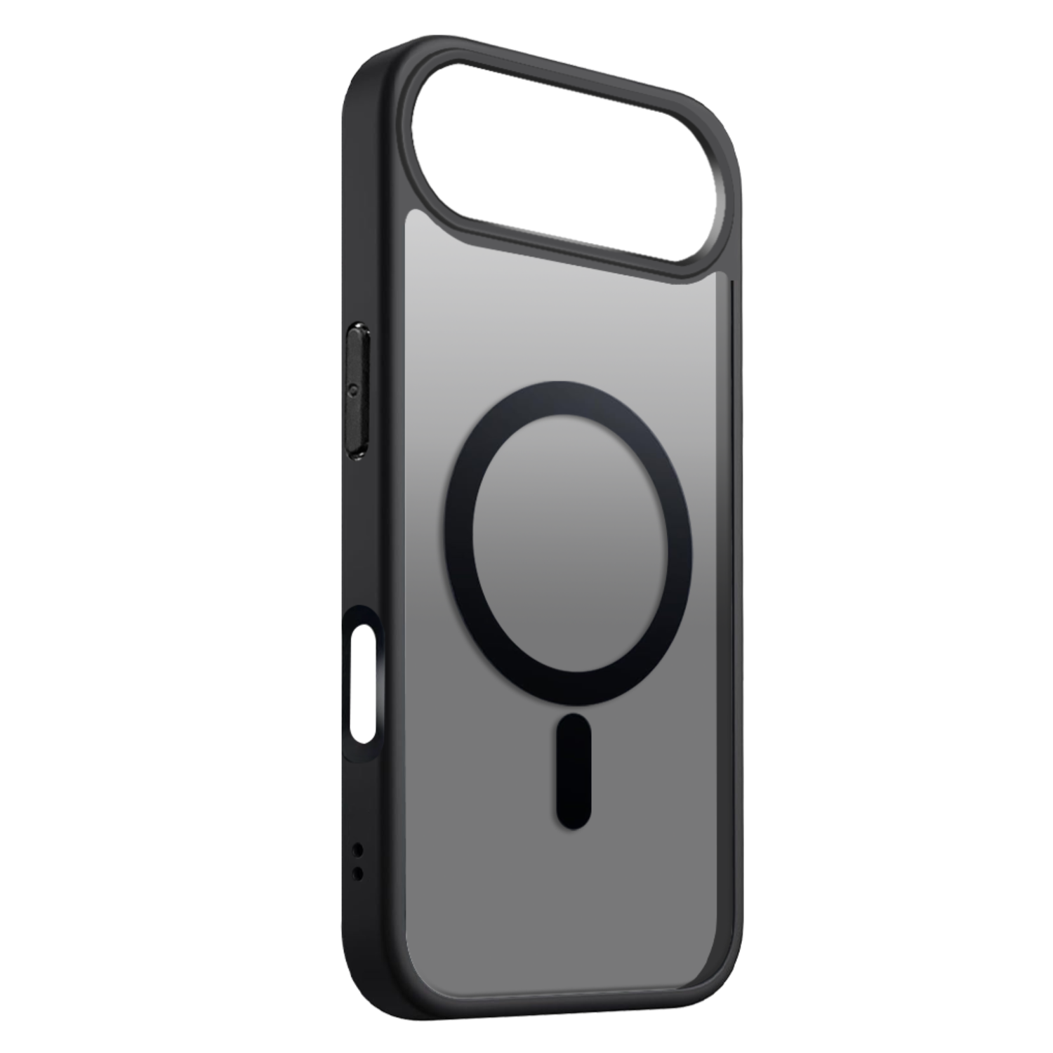 Czarno-szare etui na telefon. Etui ma przezroczysty tył z czarnym pierścieniem i znakiem minus. Ma czarną obwódkę.