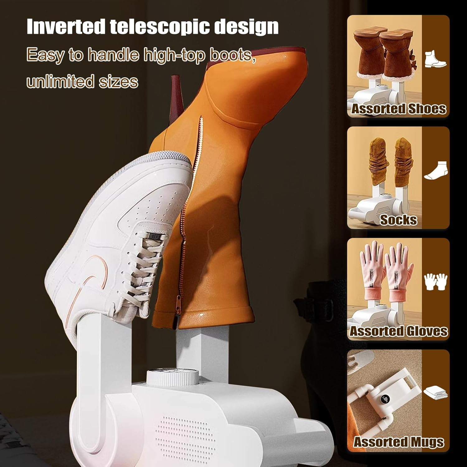 Ein weißer Schuh und ein brauner Stiefel auf einem weißen Ständer. Der Text beschreibt ein umgekehrtes Teleskopdesign für Stiefel.