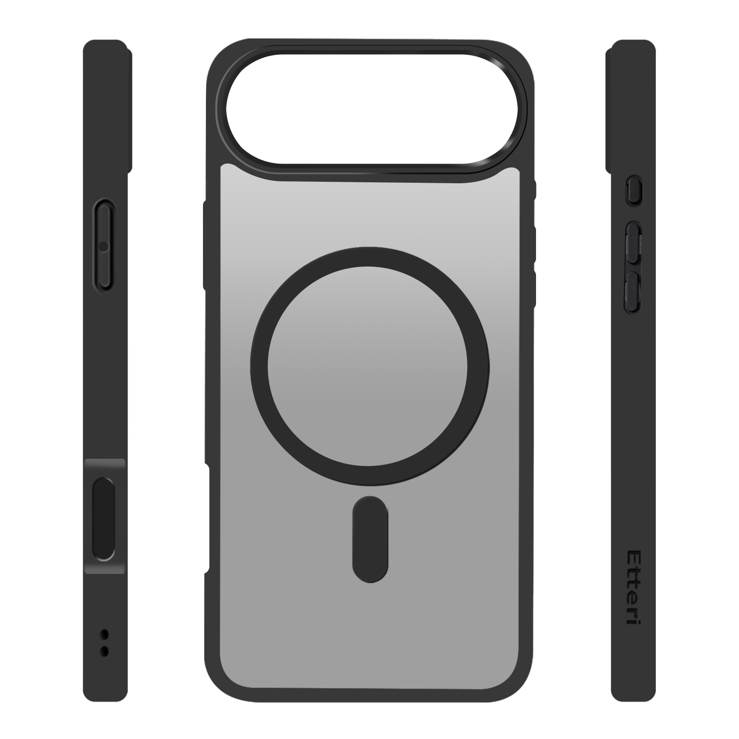Czarny futerał na telefon z przezroczystym tyłem i okrągłym magnetycznym obszarem ładowania. Pokazano również dwa widoki z boku.