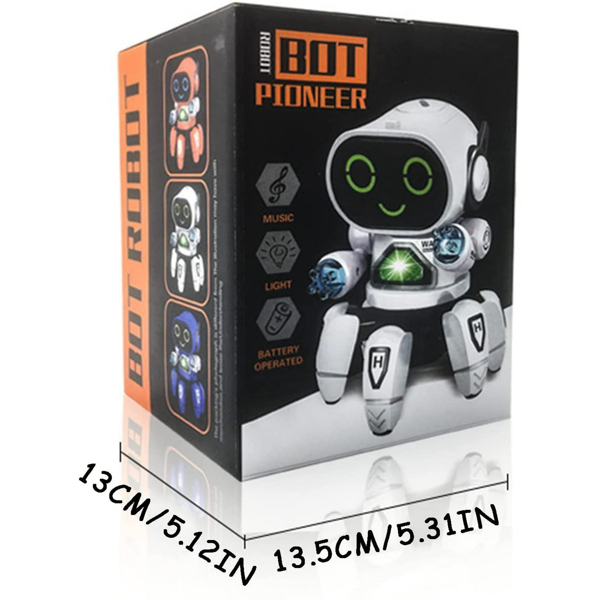 Eine Roboterspielzeugkiste mit einer weißen Roboterfigur. Die Box ist schwarz mit orangefarbenen Akzenten und Text.
