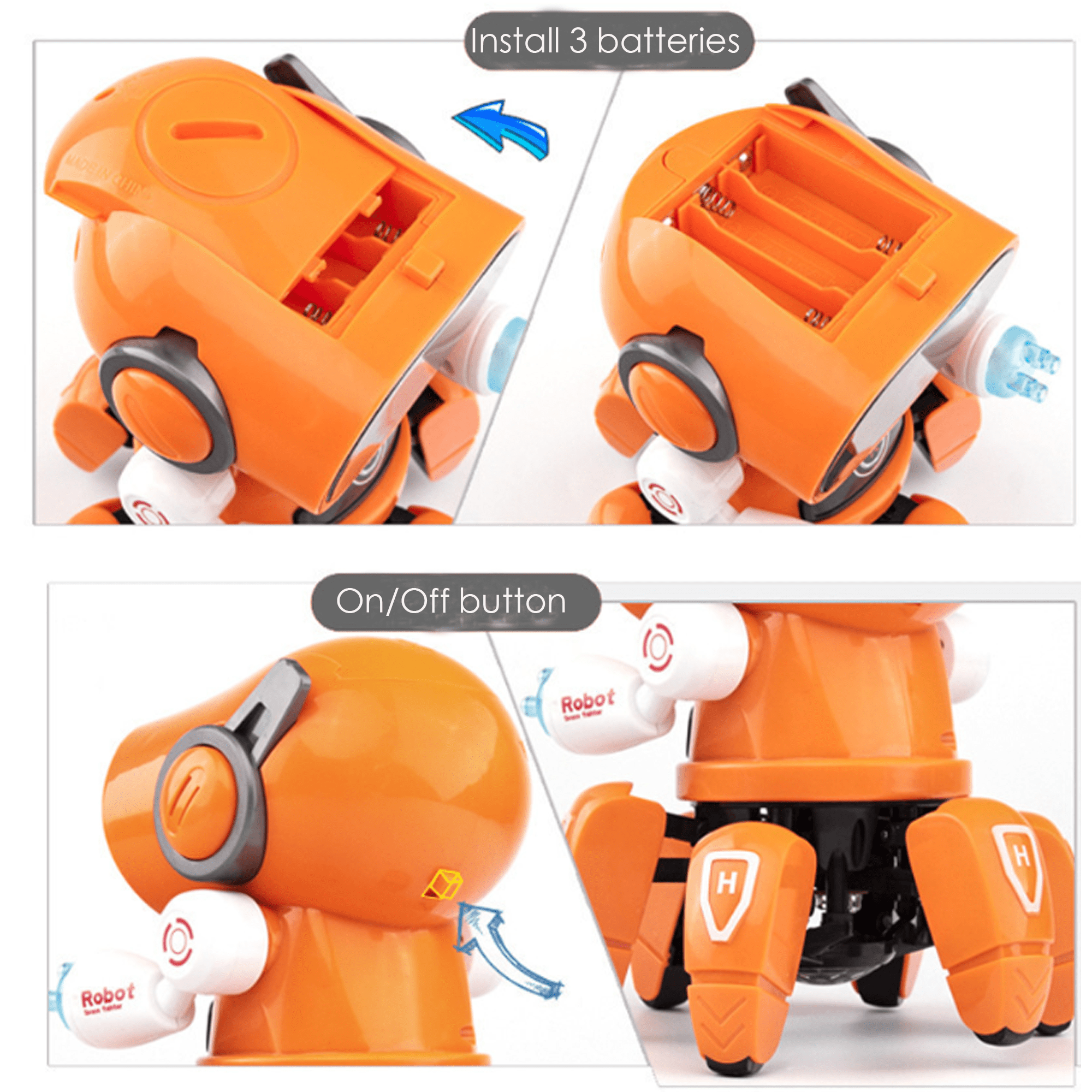 Orangener Roboter-Spielzeug. Zeigt die Batterieinstallation und die Ein/Aus-Taste. Textbezeichnungen: Installieren Sie 3 Batterien und Ein/Aus-Taste.