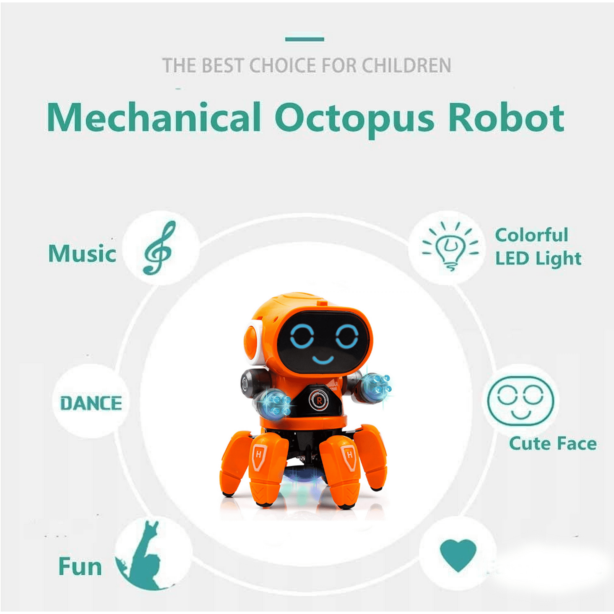 Ein orangefarbener mechanischer Oktopus-Roboter mit einem niedlichen Gesicht, umgeben von Symbolen. Der Text lautet 'Die beste Wahl für Kinder'.