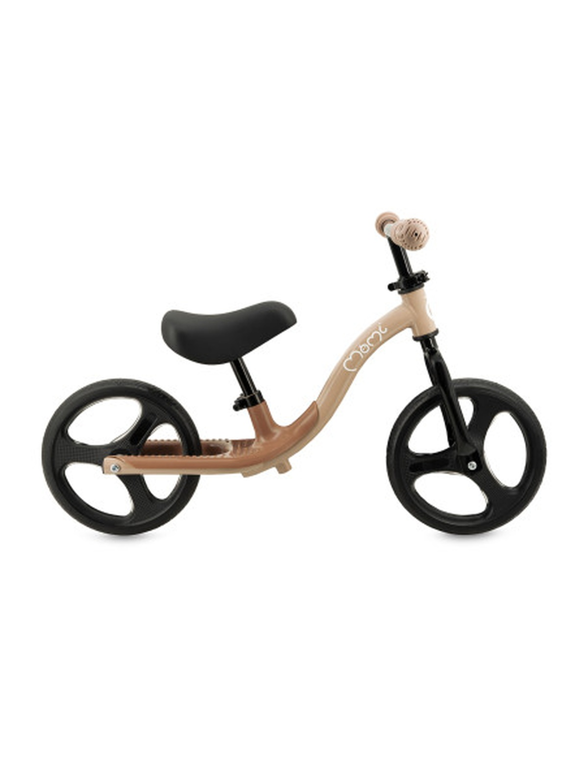 Ein beiges Laufrad mit schwarzen Rädern und Sitz. Der Lenker ist beige mit gemustertem Griff.