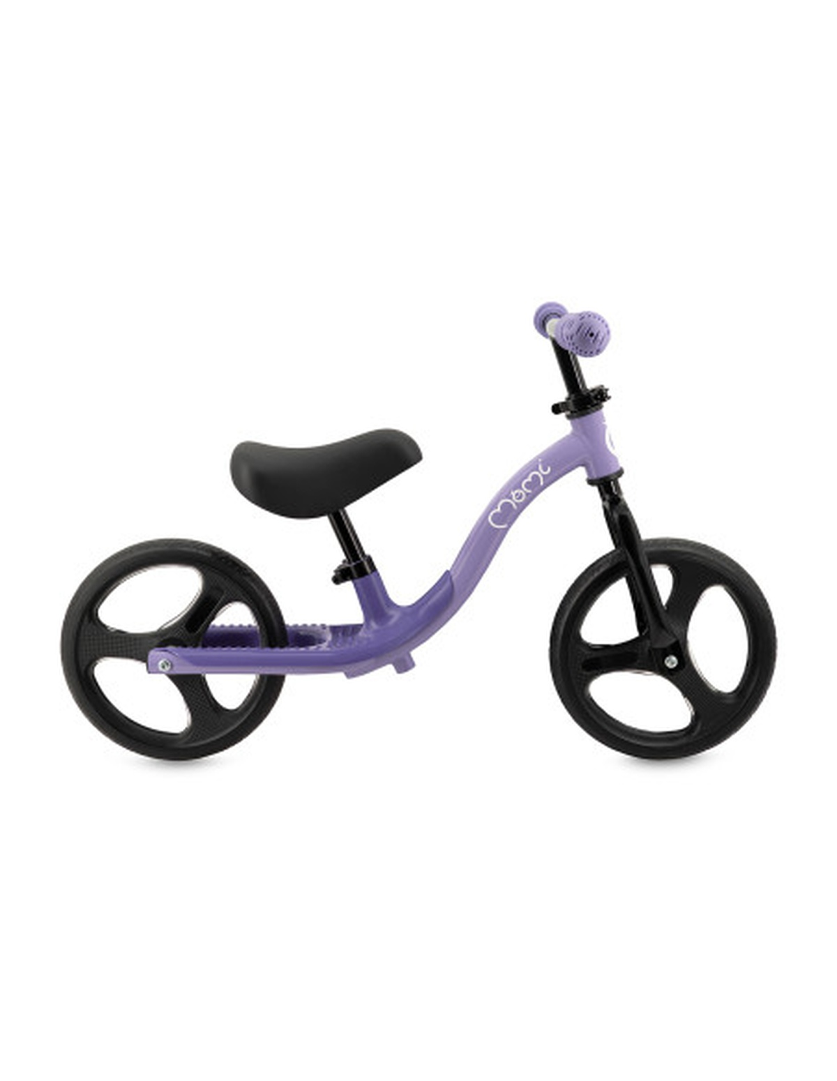 Ein lila Laufrad mit schwarzen Rädern und Sitz. Das Fahrrad hat einen geschwungenen Rahmen und einen Lenker mit lila Griffen.