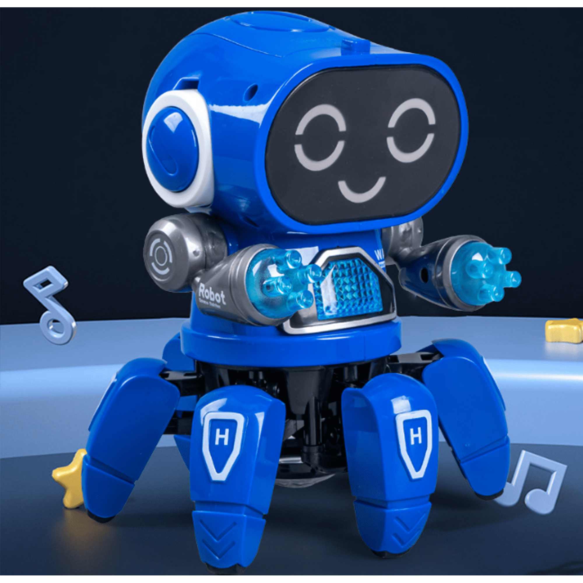 Ein blaues Roboter-Spielzeug mit lächelndem Gesicht und sechs Beinen. Noten und ein Stern befinden sich in der Nähe.