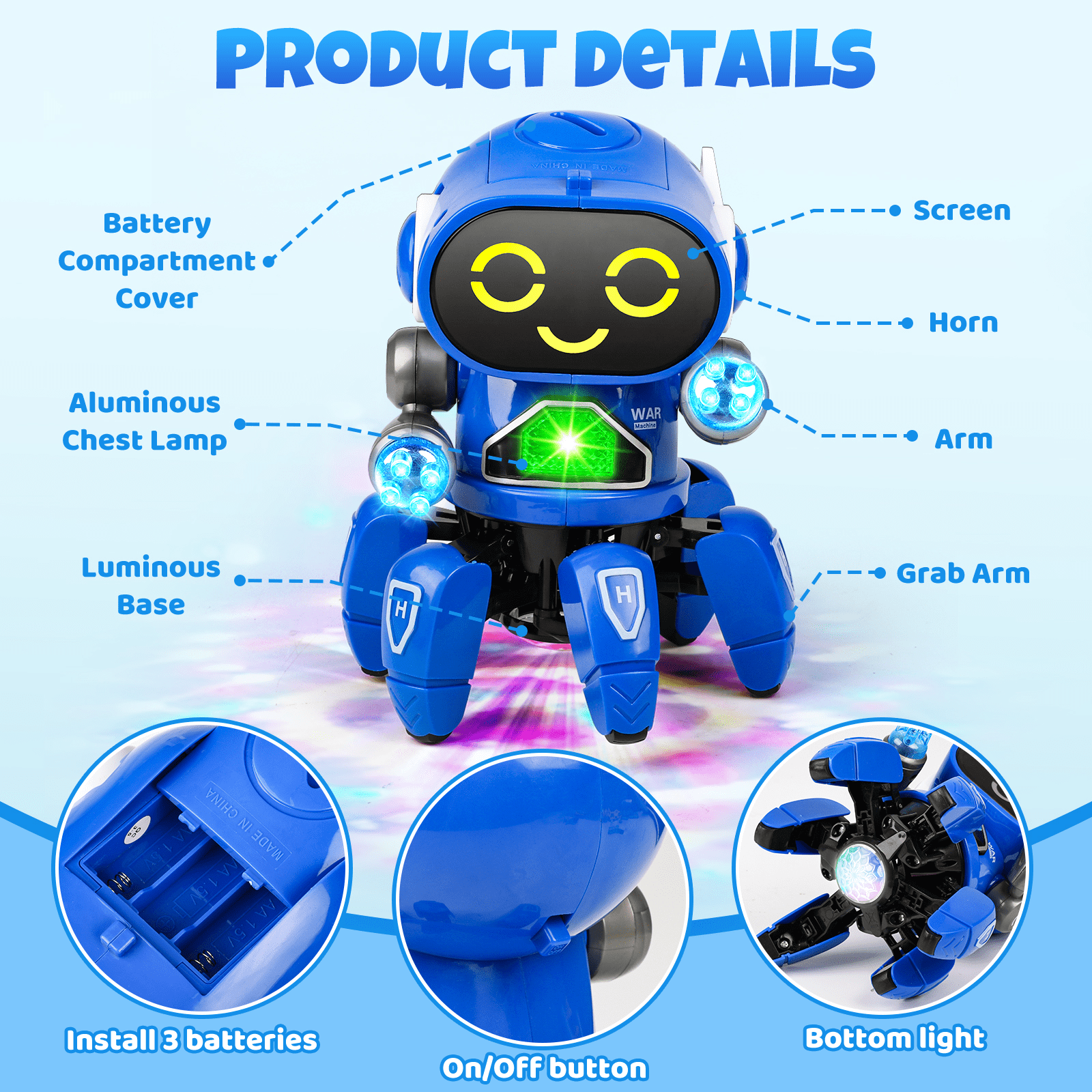 Blaues Roboter-Spielzeug mit Bildschirm, Lichtern und Beinen. Details umfassen Batteriefach, Brustlampe und Ein-/Aus-Taste.