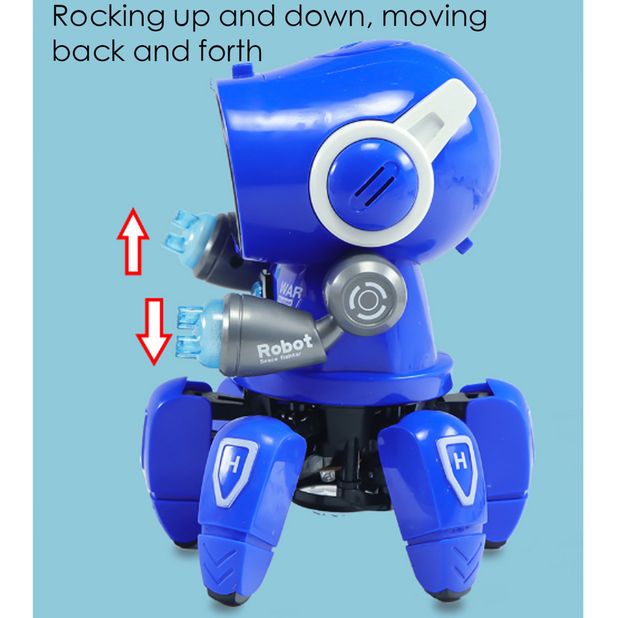 Ein blaues Roboter-Spielzeug mit weißen Details, Pfeile zeigen nach oben und unten. Text sagt: 'Auf und ab schaukeln, sich hin und her bewegen'.