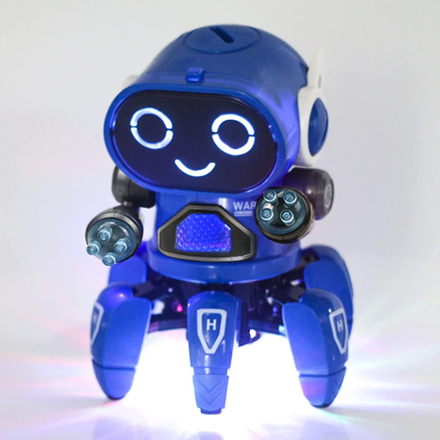 Ein blaues Roboter-Spielzeug mit einem lächelnden Gesicht, leuchtenden Augen und einem blauen Körper. Es hat Beine und Arme und steht auf einer weißen Oberfläche mit Lichtern.