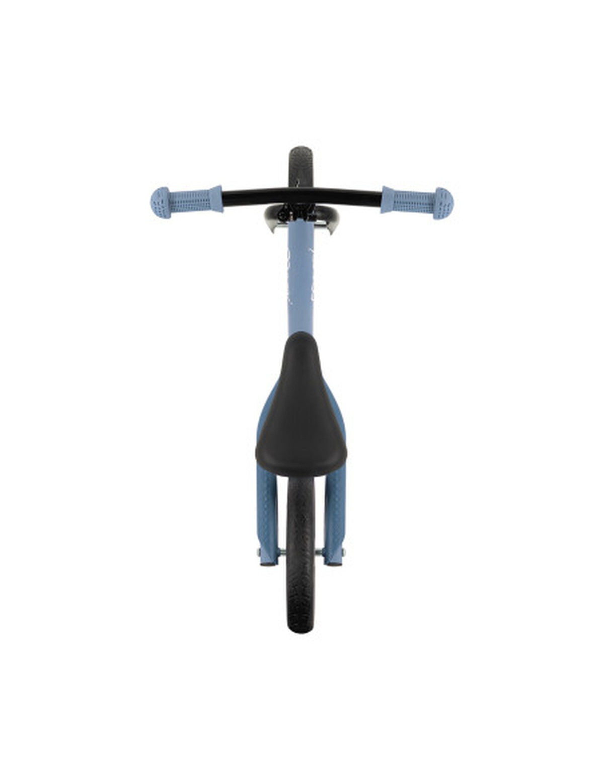Ein blaues Laufrad von oben. Das Fahrrad hat schwarze Reifen und Sitz, mit hellblauen Lenker und Rahmen.