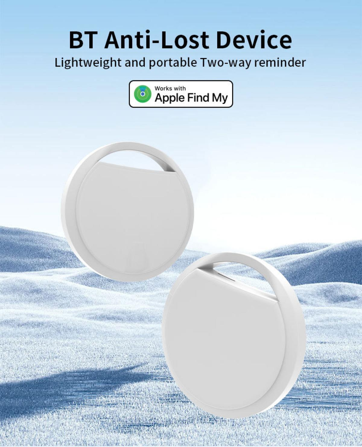Zwei weiße Anti-Lost-Geräte vor blau-weißem Hintergrund. Oben steht 'BT Anti-Lost Device'.