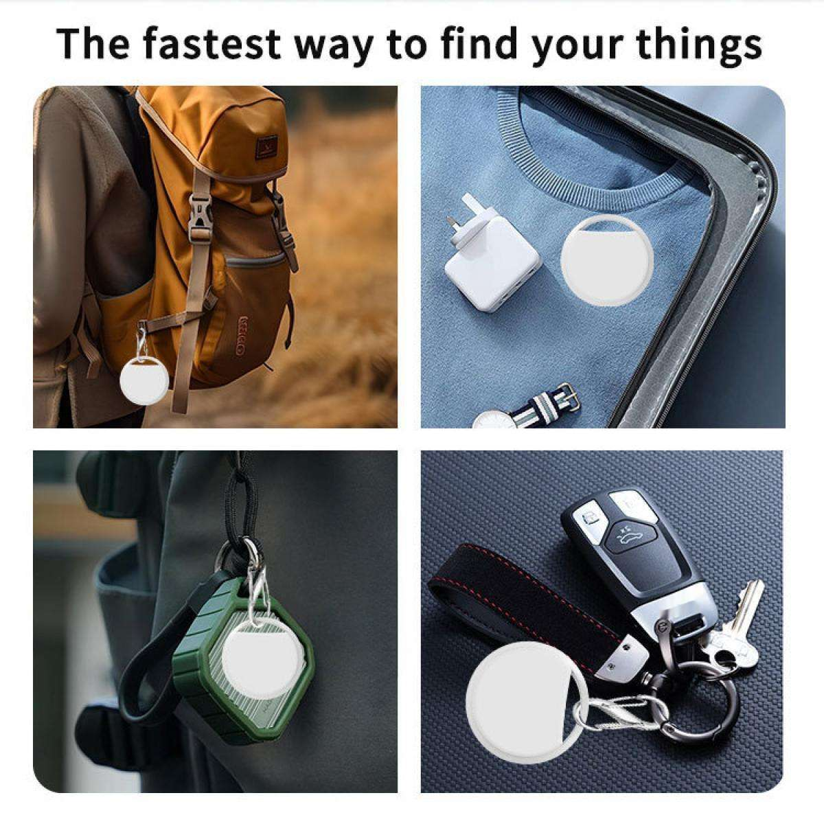 Das Bild zeigt einen Smart-Tag, der an Gegenständen wie Rucksack, Ladegerät, Schlüsseln und Autoschlüssel befestigt ist. Es ist ein Produkt zum Auffinden verlorener Gegenstände.