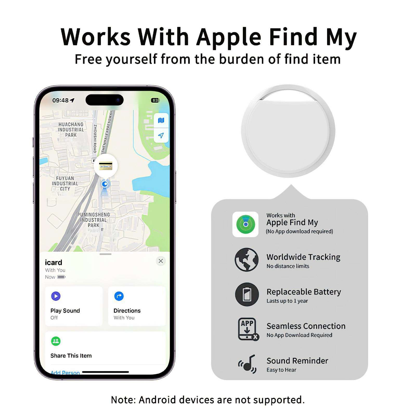Ein iPhone zeigt eine Karte mit einem Ortungsgerät. Ein weißes Etikett befindet sich neben dem Telefon mit aufgelisteten Funktionen.