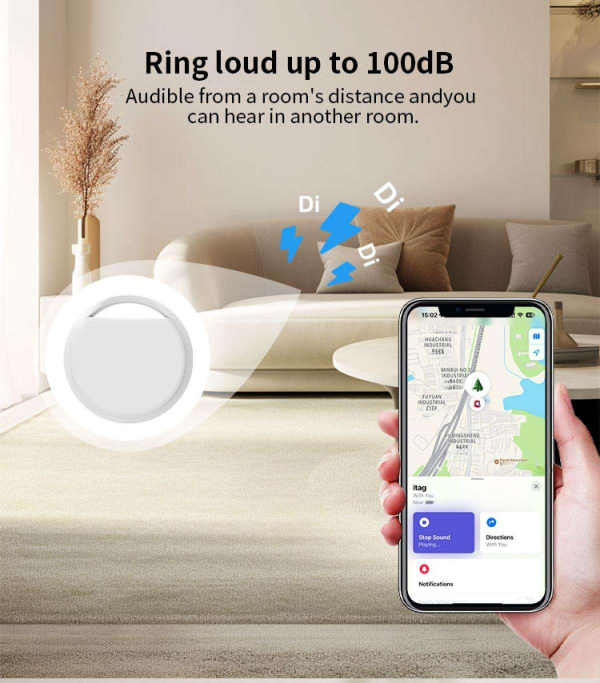 Eine Hand hält ein Telefon mit Karte und Bedienelementen. Im Hintergrund sind eine weiße Scheibe und ein Sofa sowie Text zur Lautstärke.
