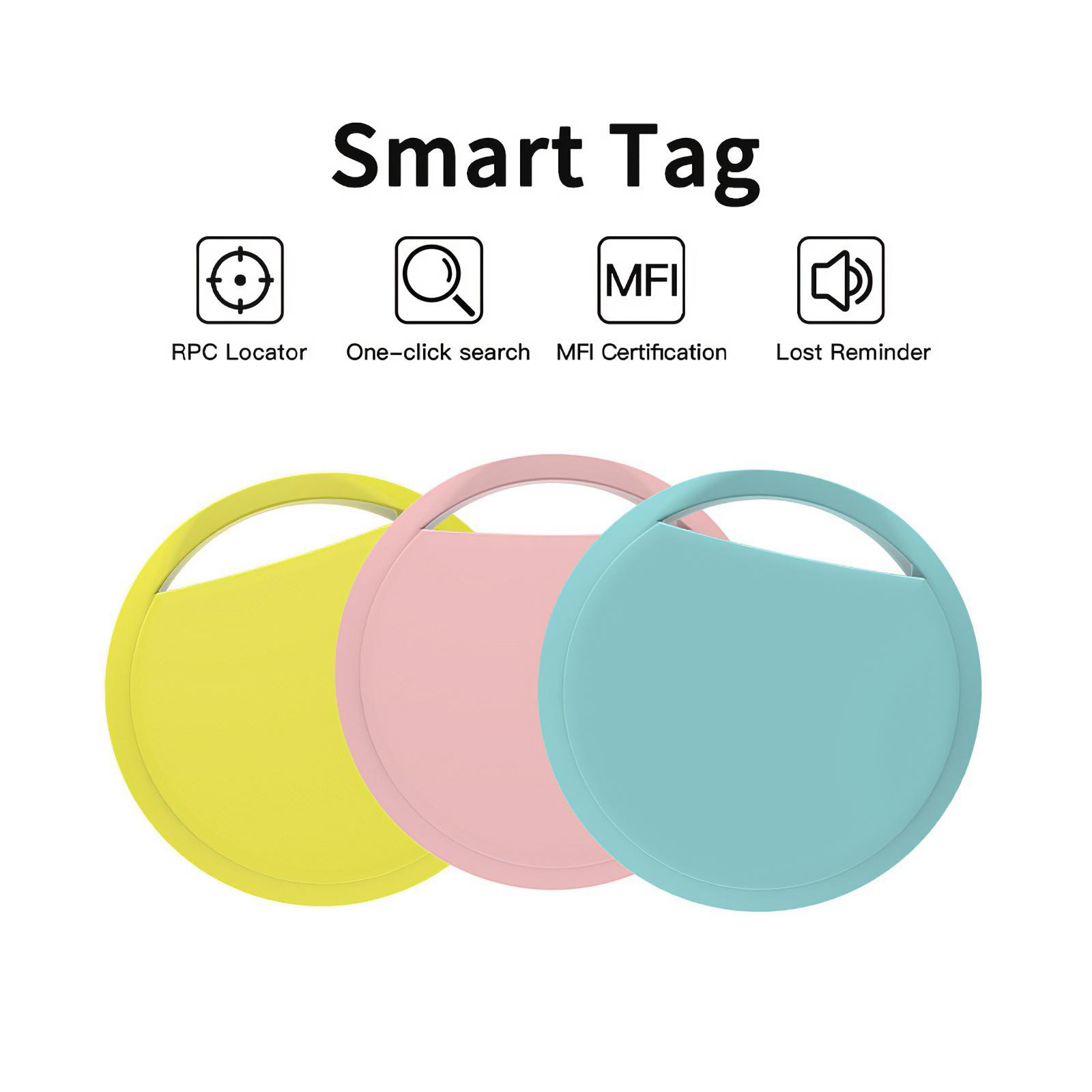 Smart Tag mit Symbolen: RPC Locator, One-Click-Suche, MFI-Zertifizierung, Lost Reminder. Drei farbige Tags.