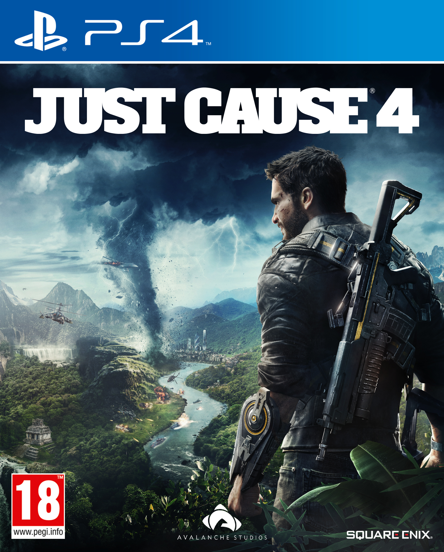 Okładka Just Cause 4. Mężczyzna z bronią patrzy na tornado. Helikoptery i eksplozje w tle.
